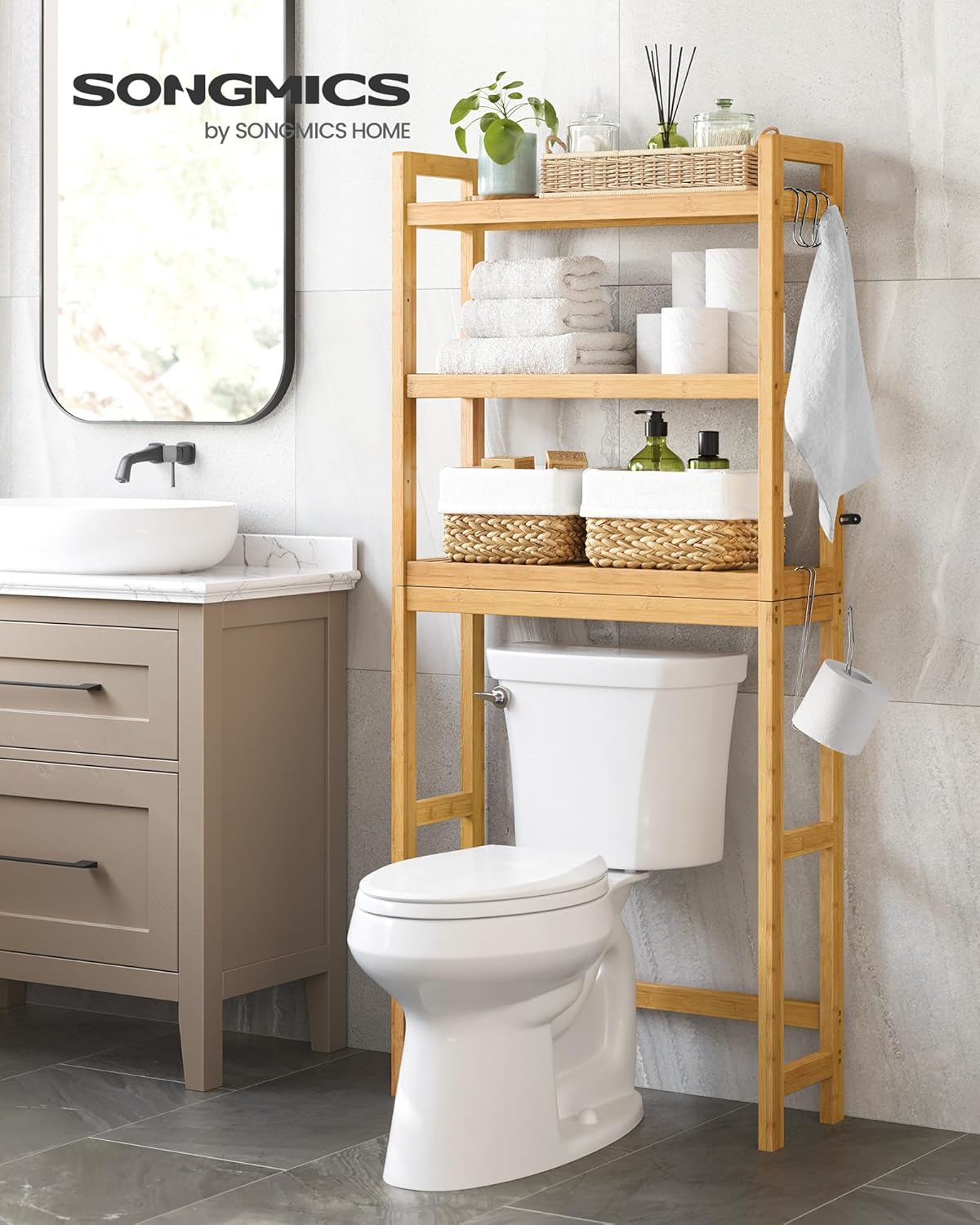 SONGMICS - étagère WC 3 niveaux - rangement ajustable compact - BTS001N01