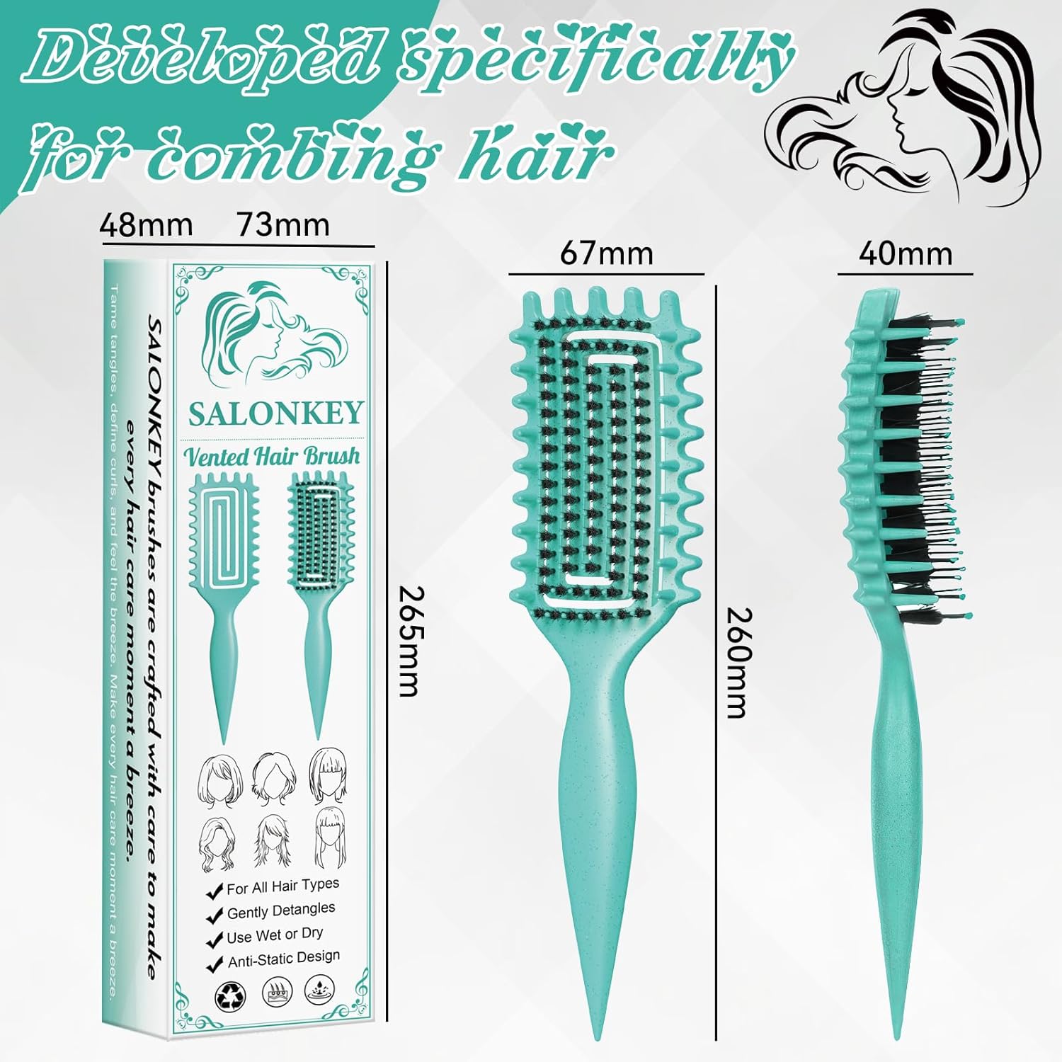 Brosse à boucler - manche ergonomique, antistatique, doux - démêlage facile - cheveux femmes, hommes, enfants - vert