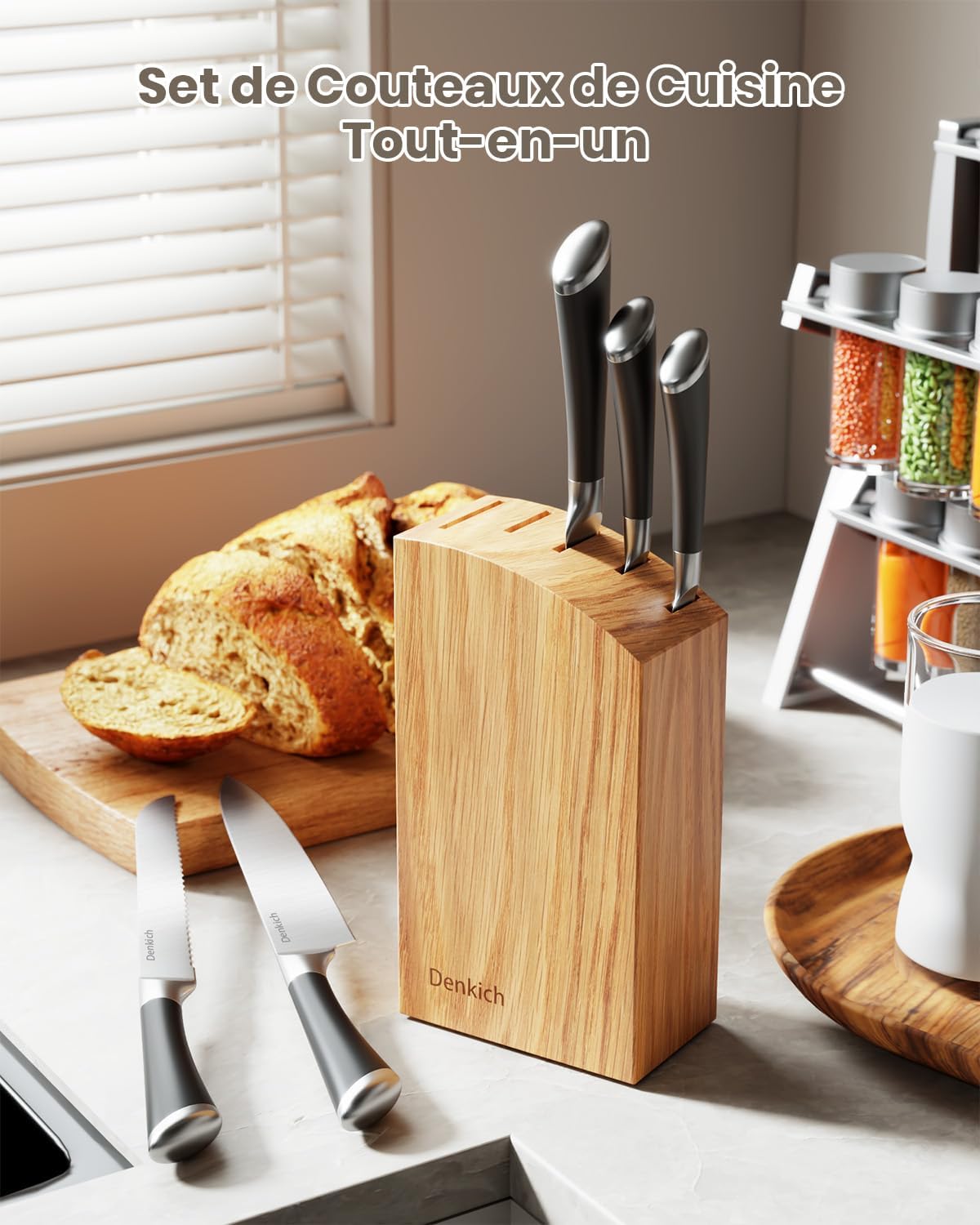 Couteaux de cuisine - set 6 pièces inox, support bois, lame 8