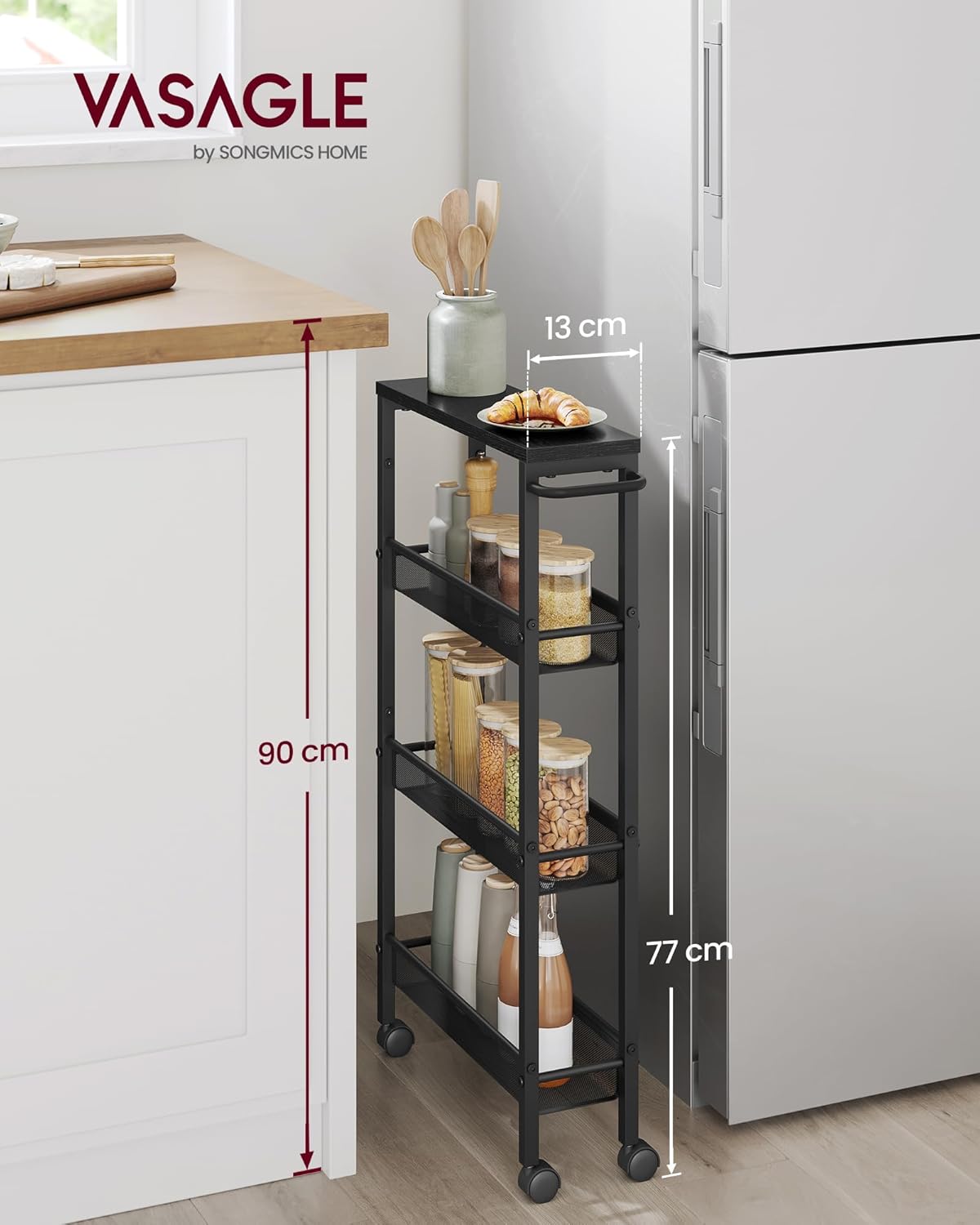 VASAGLE - Desserte 4 niveaux - 13x45,4x77cm - acier, roulettes, poignée - LRC032B04