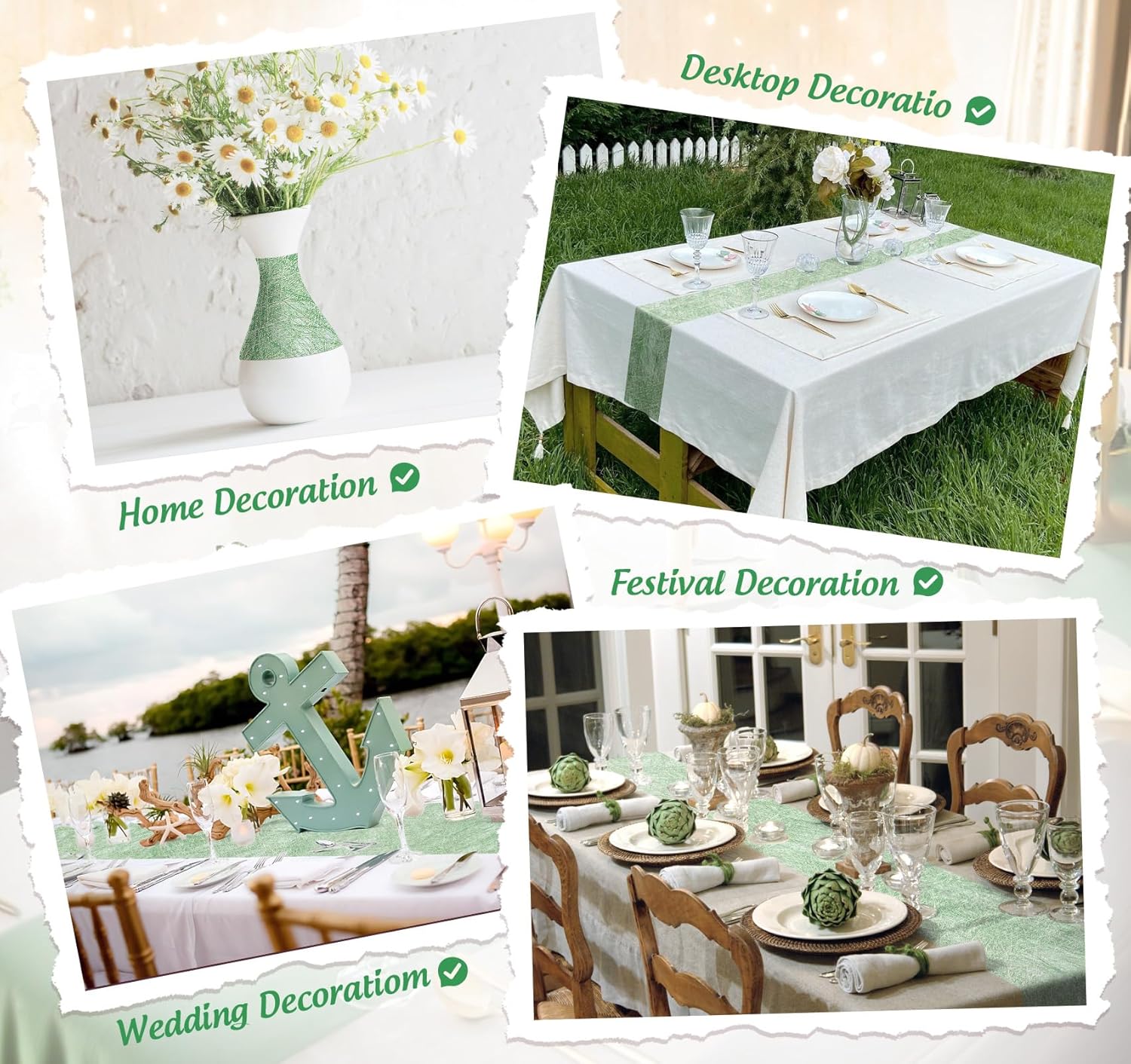 Chemin de table - rouleau non tissé vert 30mx23cm, 150 strass, décorations événements