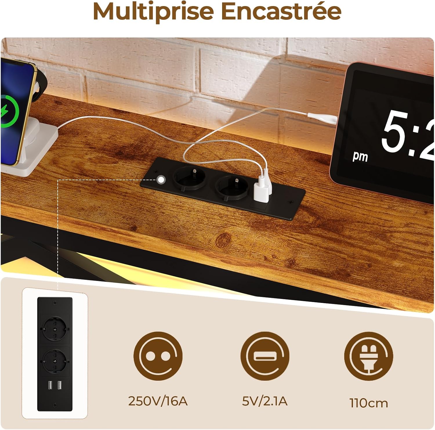 DICTAC - Lit double métal 140x200, LED, USB, rangement, vintage/NOIR - DICTAC