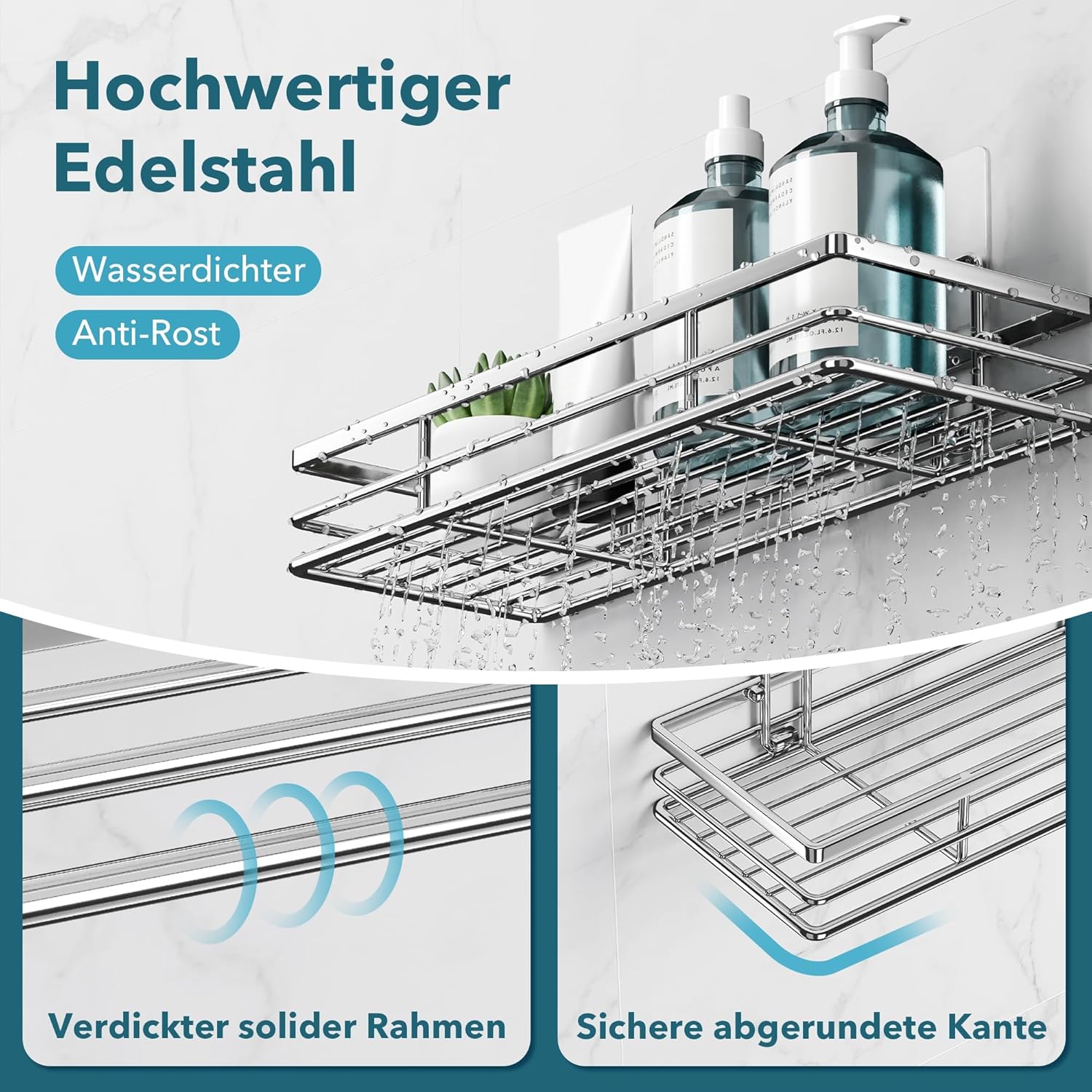 Étagère salle de bain - pack 2 - sans perçage, argenté, adhésif puissant