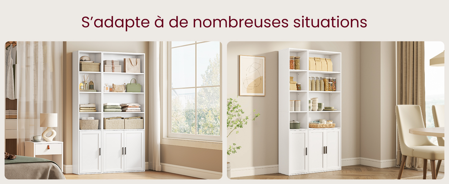 d'un système de rangement modulaire blanc avec portes d'armoires, présentant des étagères organisées dans un espace de vie lumineux