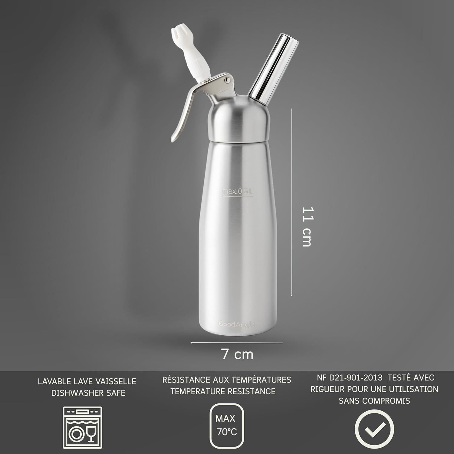 Mastrad - siphon aluminium 0,5L - piston inox, 3 douilles, brosse