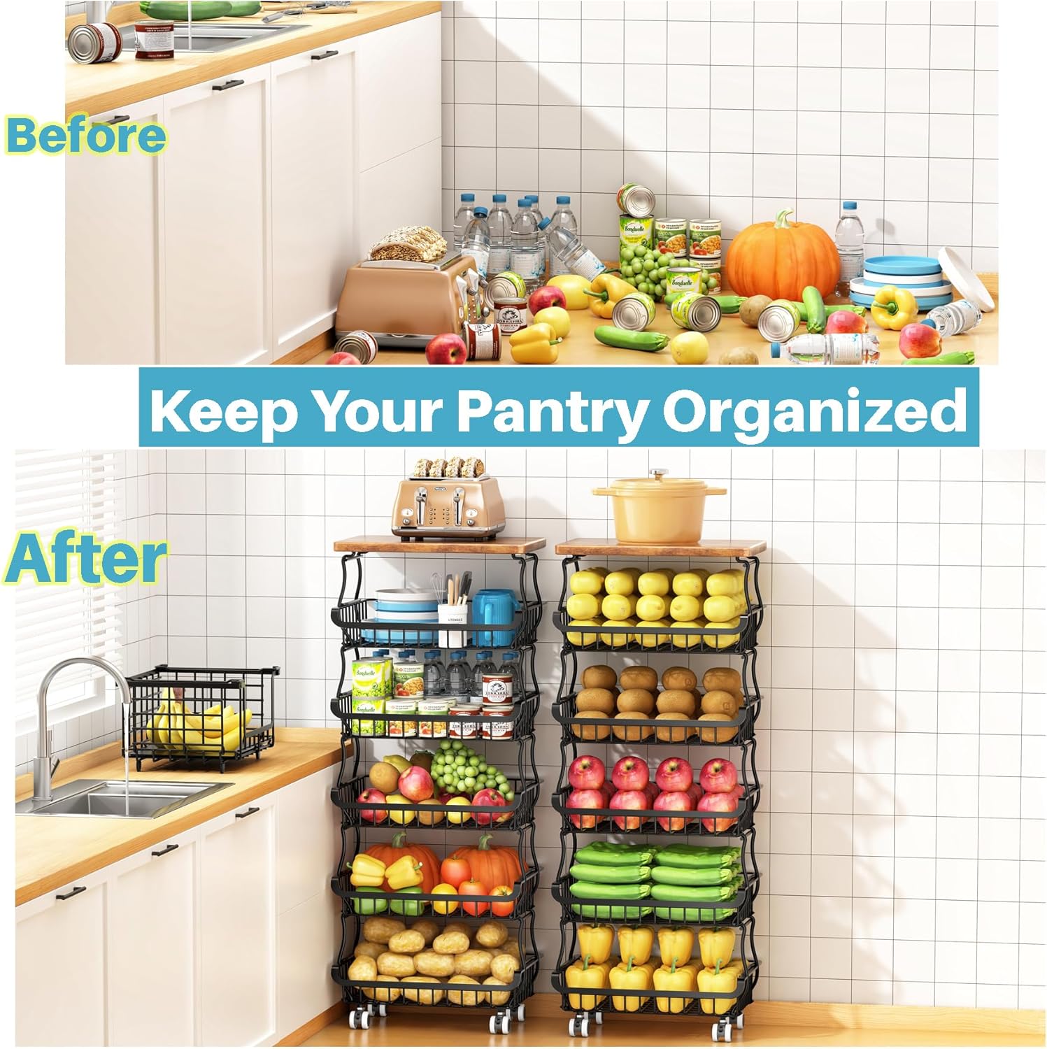 Organisateur de cellier - rangement 6 niveaux - empilable à roulettes, modulable 3+3 à 6+0 - pour cuisine et salle de ba