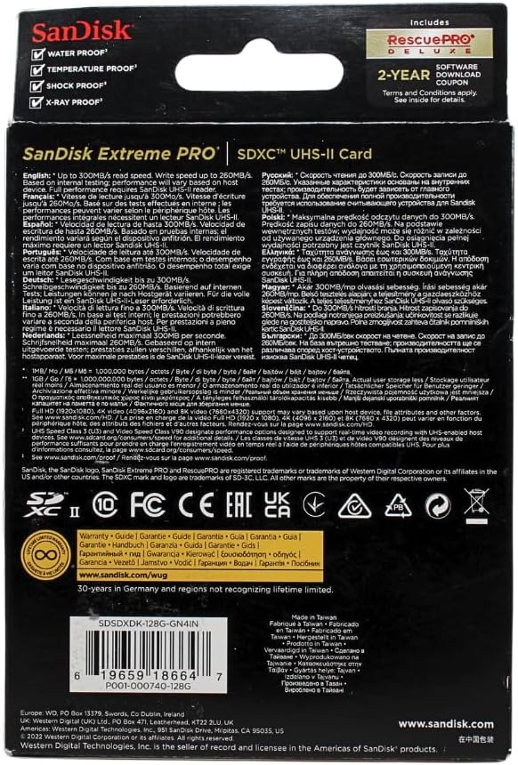 SanDisk - Extreme PRO série - 128 Go - SDXC, V90, UHS-II, 300 Mo/s, 8K, SDXC128GP