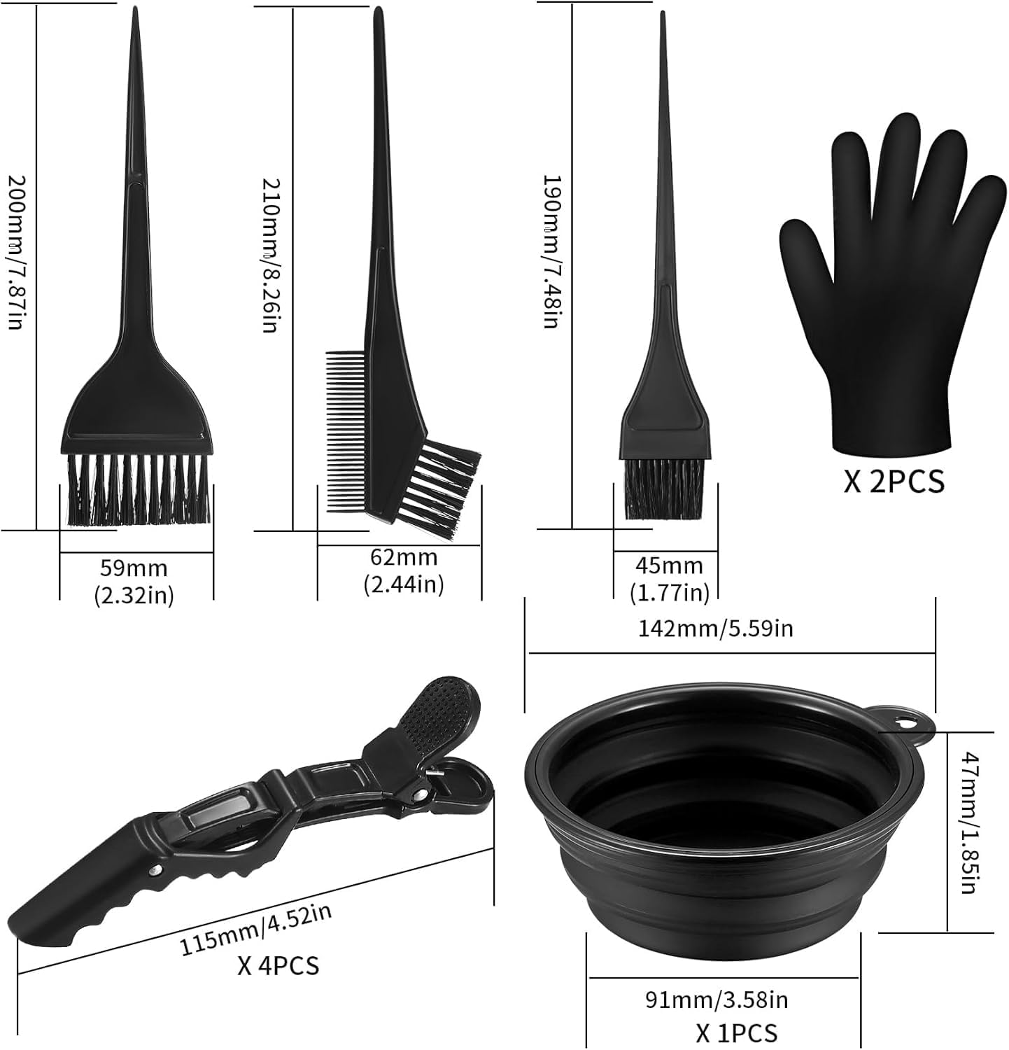 Ensemble coloration cheveux - 9 pièces - bol, pinceaux, gants, pinces