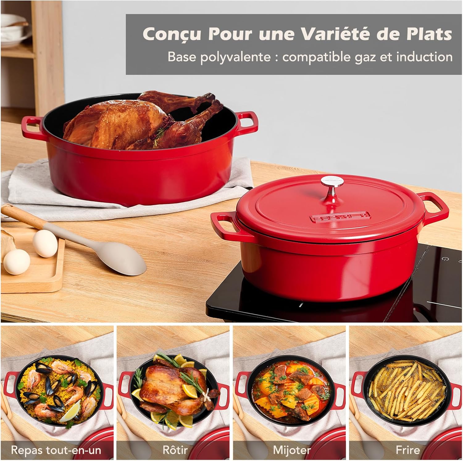 Cocotte fonte aluminium ovale 31cm 6,3L, revêtement céramique antiadhésif