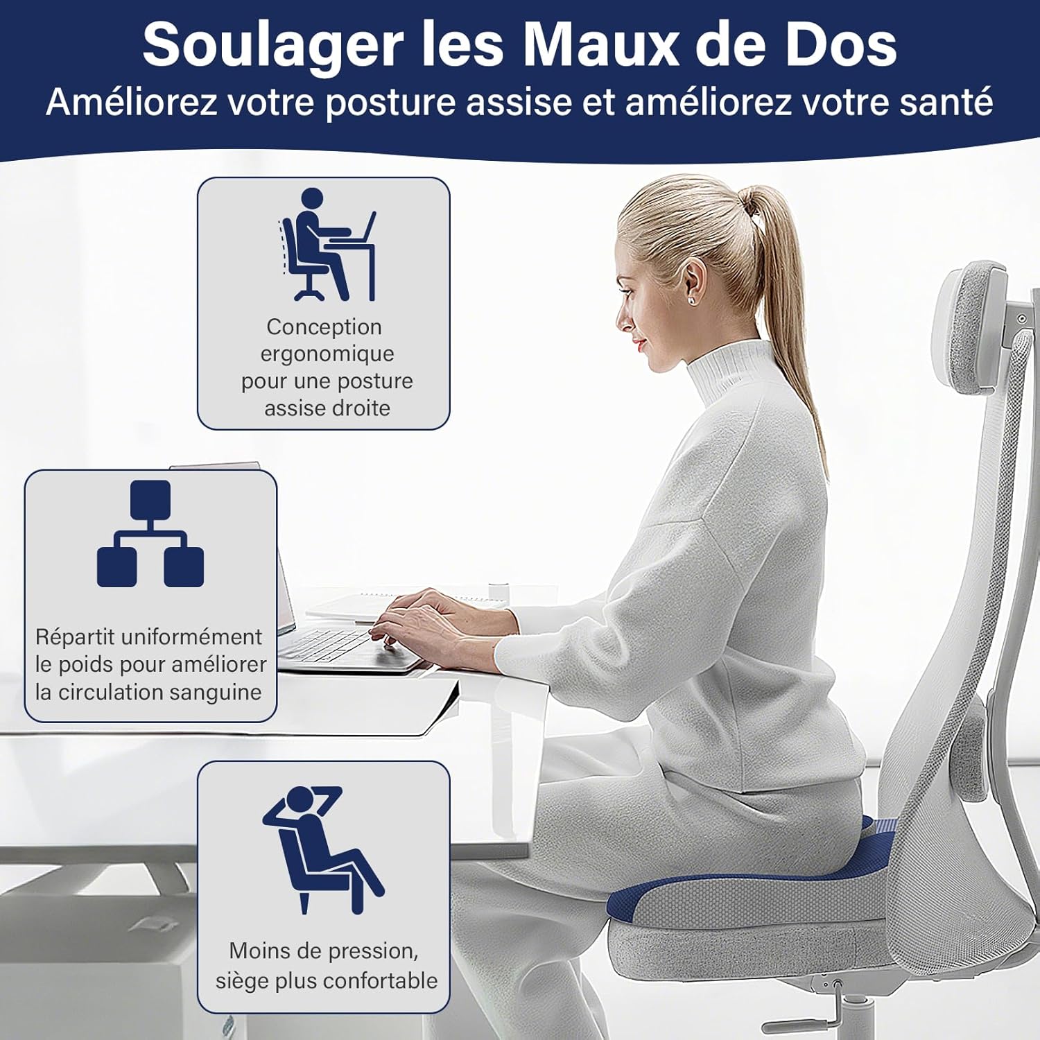 Coussin de siège - ergonomique pour coccyx, chaise, voiture, soulage douleurs sciatiques, bleu marine