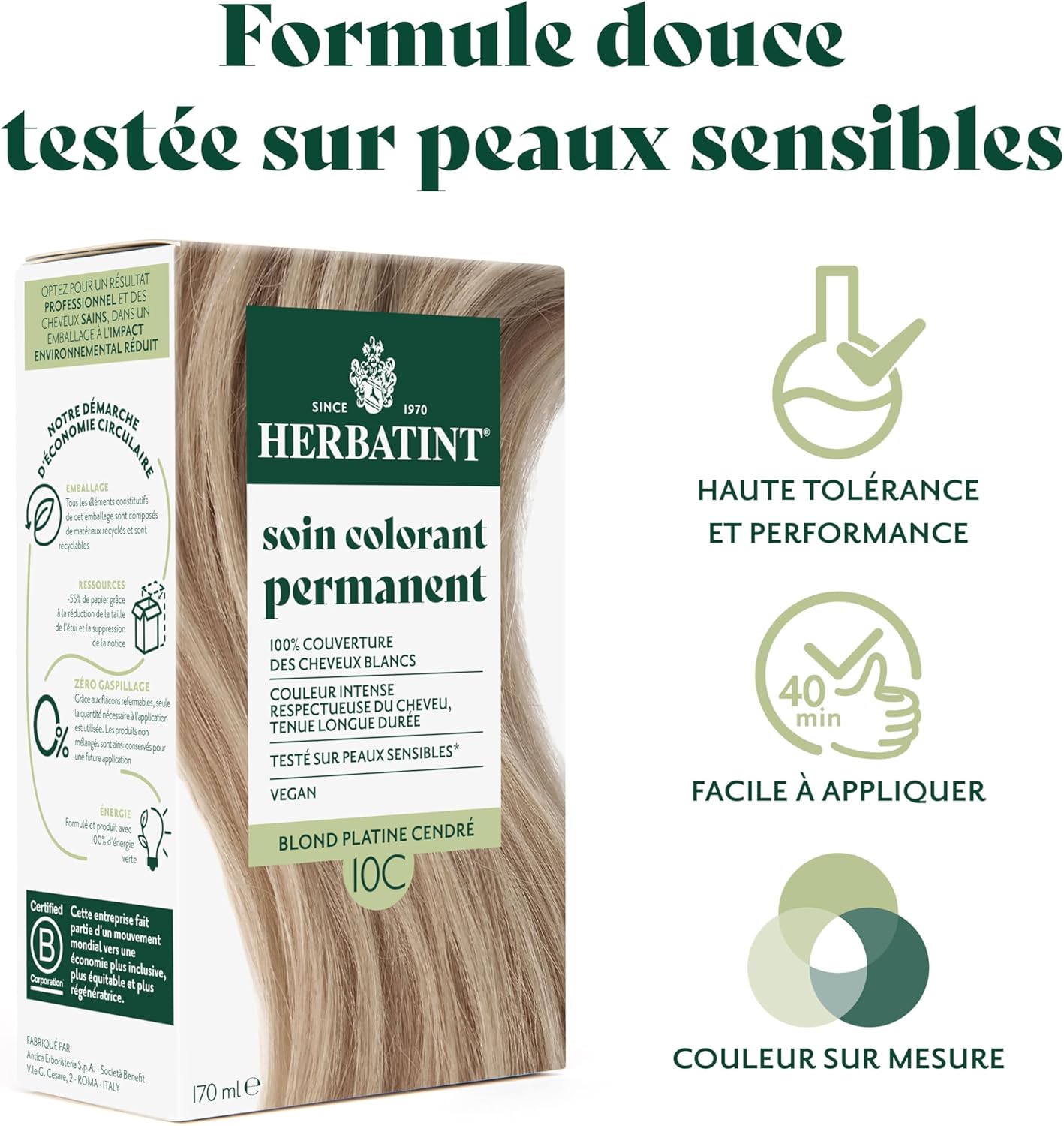 Herbatint - Coloration 10C - 170ml - sans ammoniaque, couverture cheveux blancs