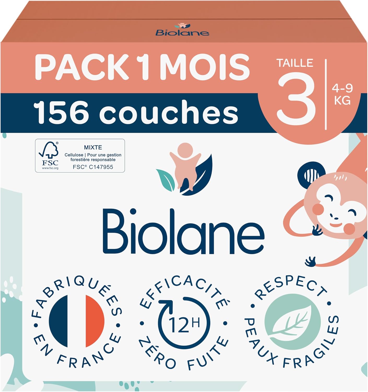 Biolane - Couches bébé taille 3 (4-9 kg) - Ultra absorbantes, confort, 12h protection, lot 156 couches