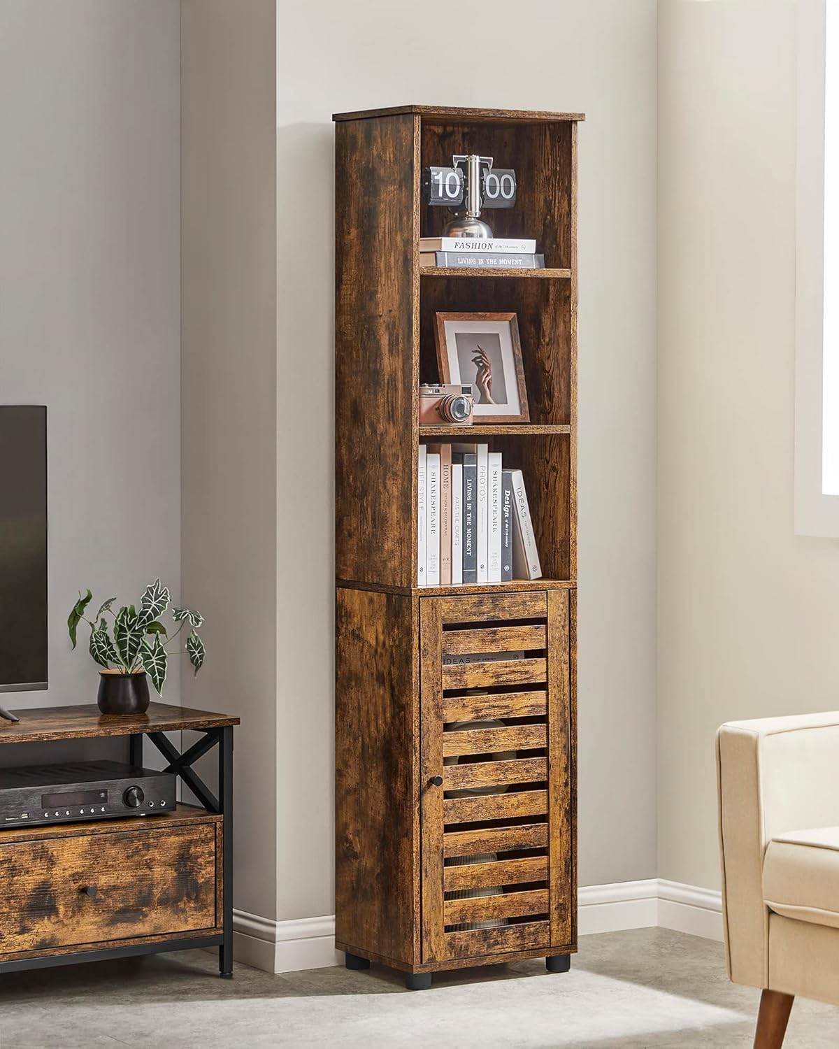 VASAGLE - meuble salle de bain haut, 3 compartiments, étagères réglables, marron rustique, BBK160X01