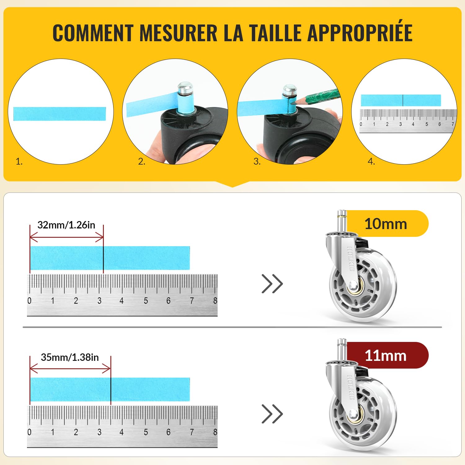 HOLKIE - roulettes chaise bureau 11x22mm - caoutchouc, lot 5, sols bois et tapis