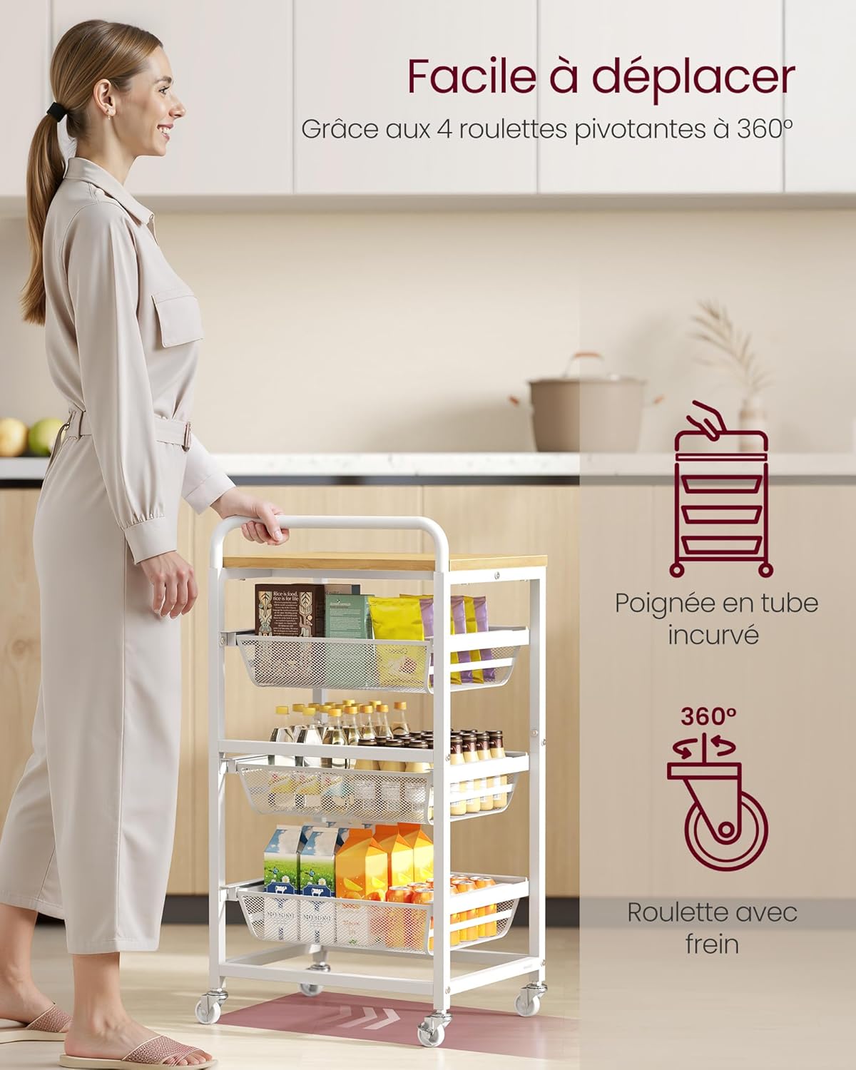 VASAGLE - chariot 4 niveaux, 31,7x40x76cm, paniers, roulettes, LRC040Y01