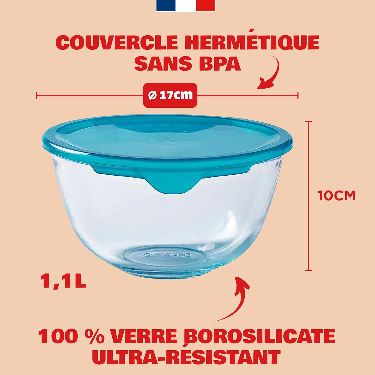 Pyrex - saladier gigognable 1.1L - verre borosilicate, couvercle
