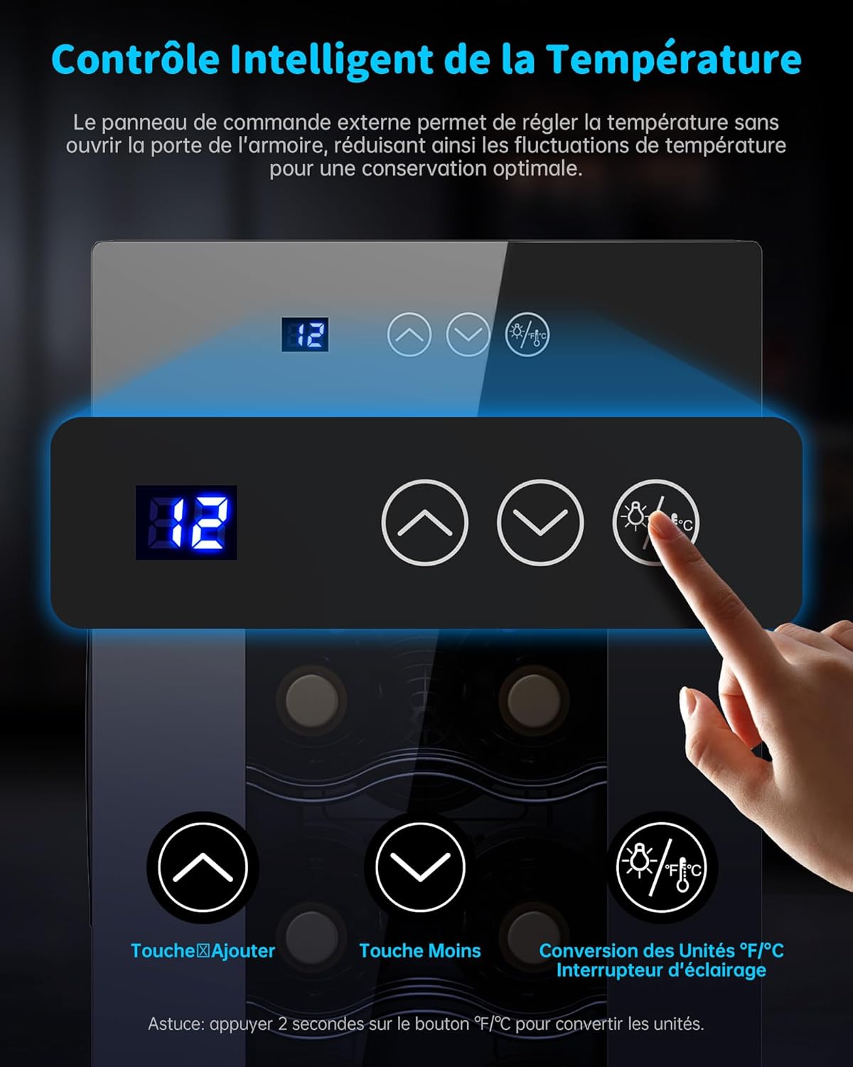 WIE - Cave à vin 8 bouteilles, 23L, façade miroir, écran tactile, ultra-silencieuse