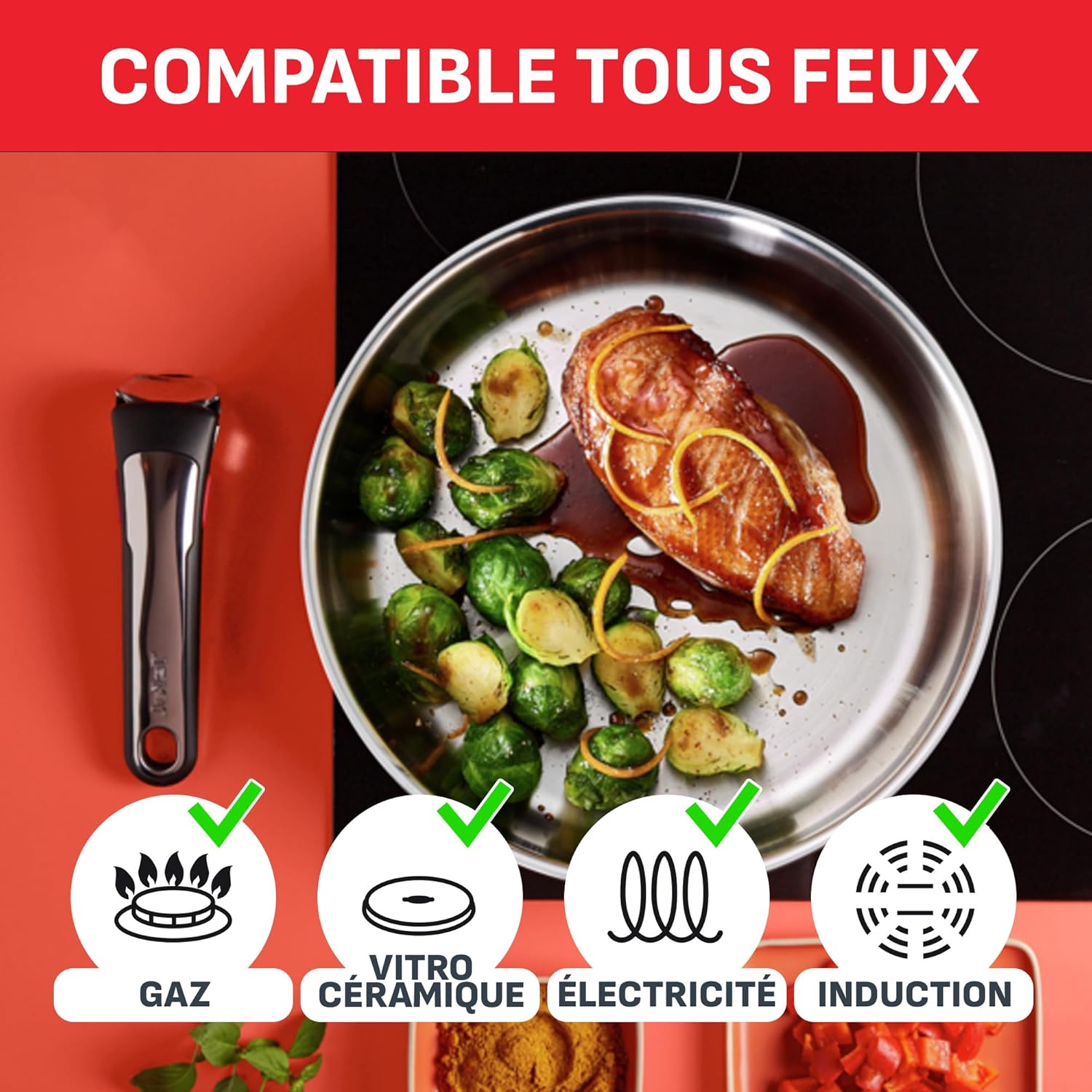 Tefal - Ingenio Preference On - 16/18/20 cm - inox, induction, poignée amovible, empilable, gain de place L898S334