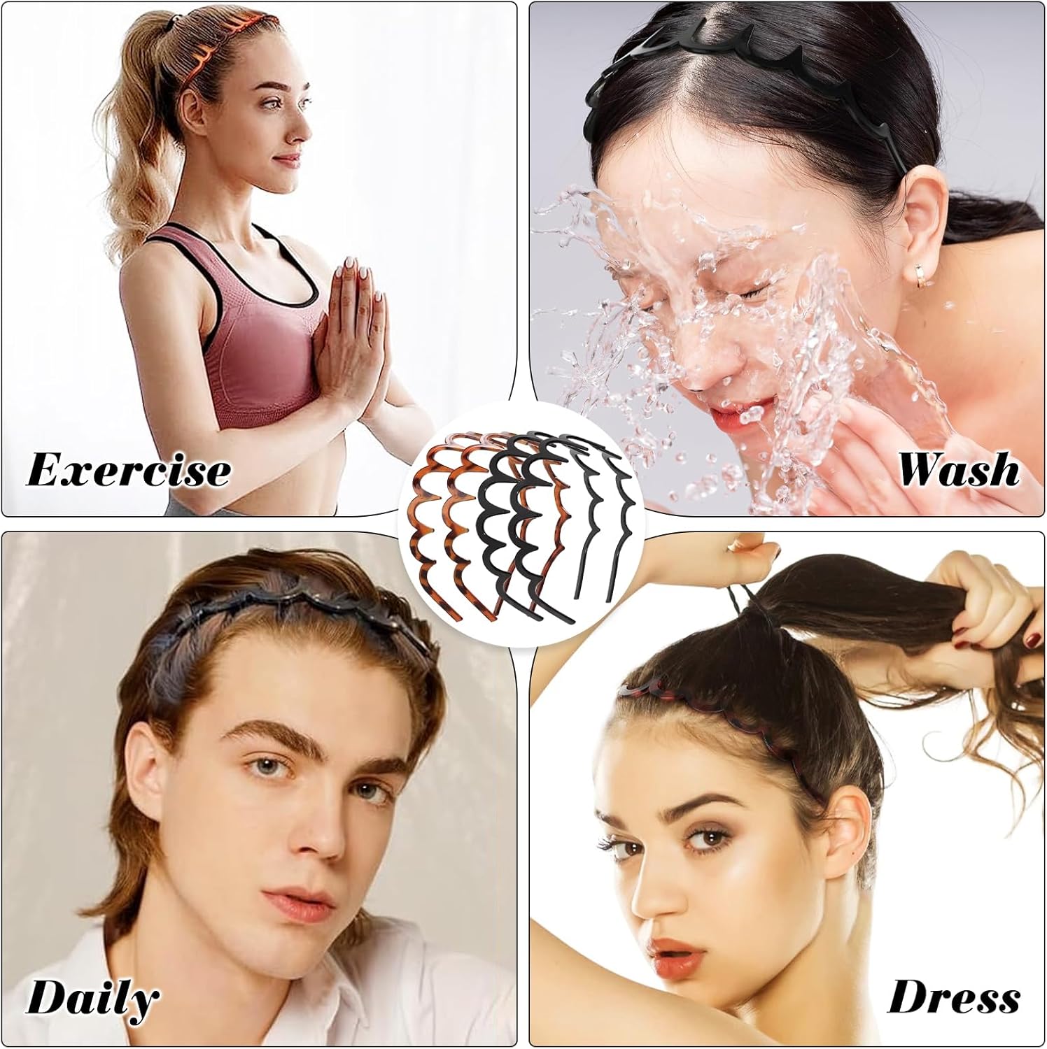 Serre-tête zig zag - lot de 4 - plastique ondulé antidérapant - Fitness, maquillage