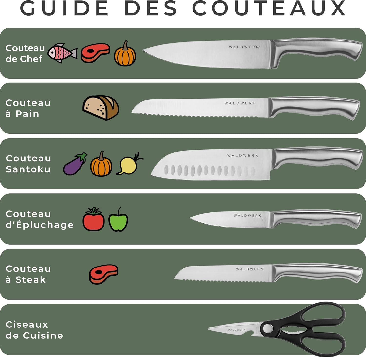 Waldwerk - Set 7 couteaux cuisine bloc rangement aiguiseur intégré