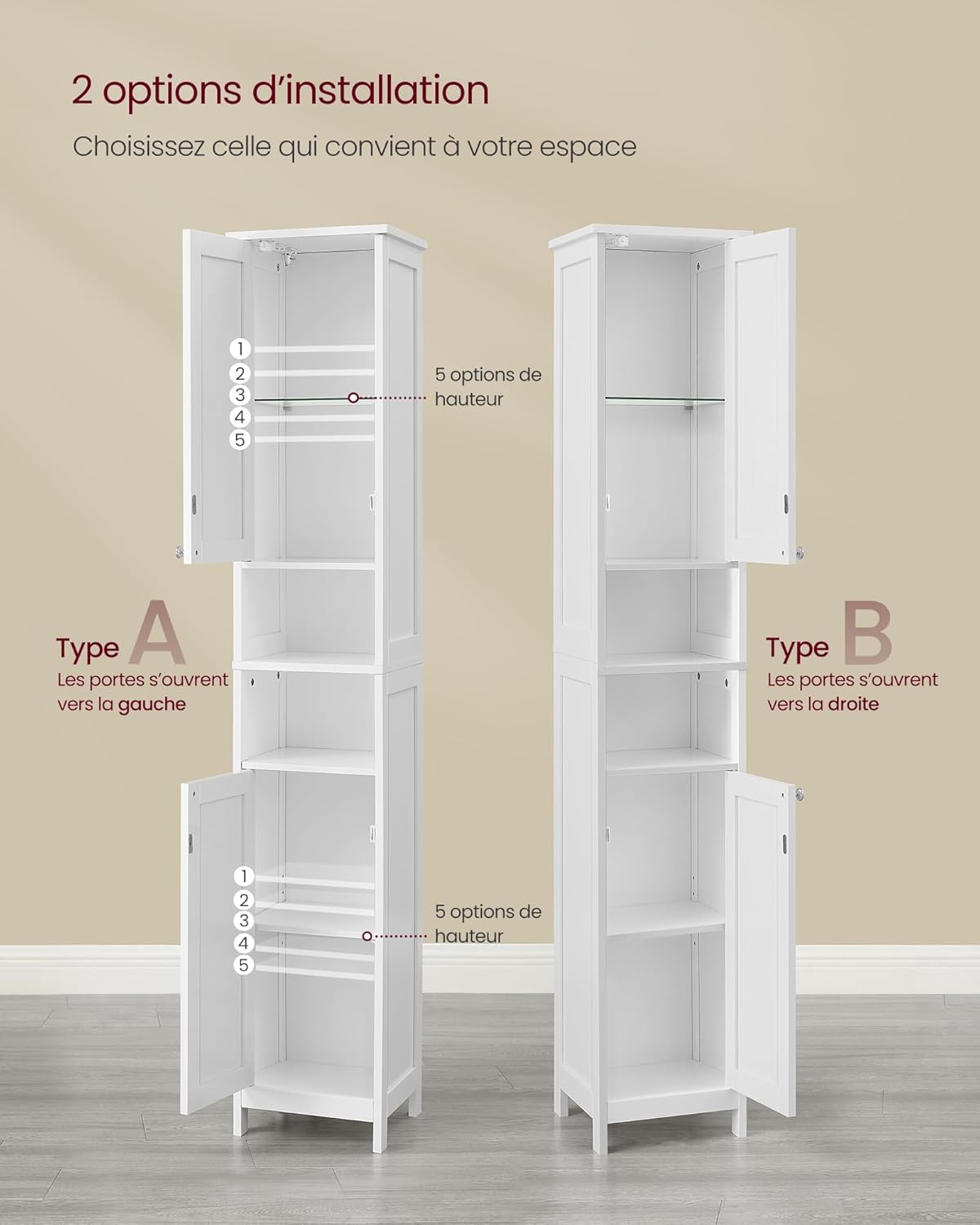 VASAGLE - armoire salle de bain haute, blanche, étagères réglables, éclairage, BBC566W03