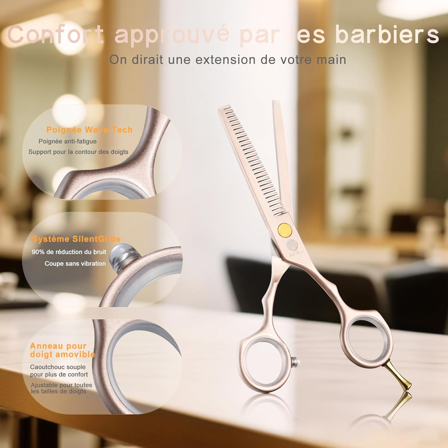 Kit de Ciseaux de Coiffure - 5,5 pouces - inox, peigne acier, or rose, pour cheveux, frange, barbe