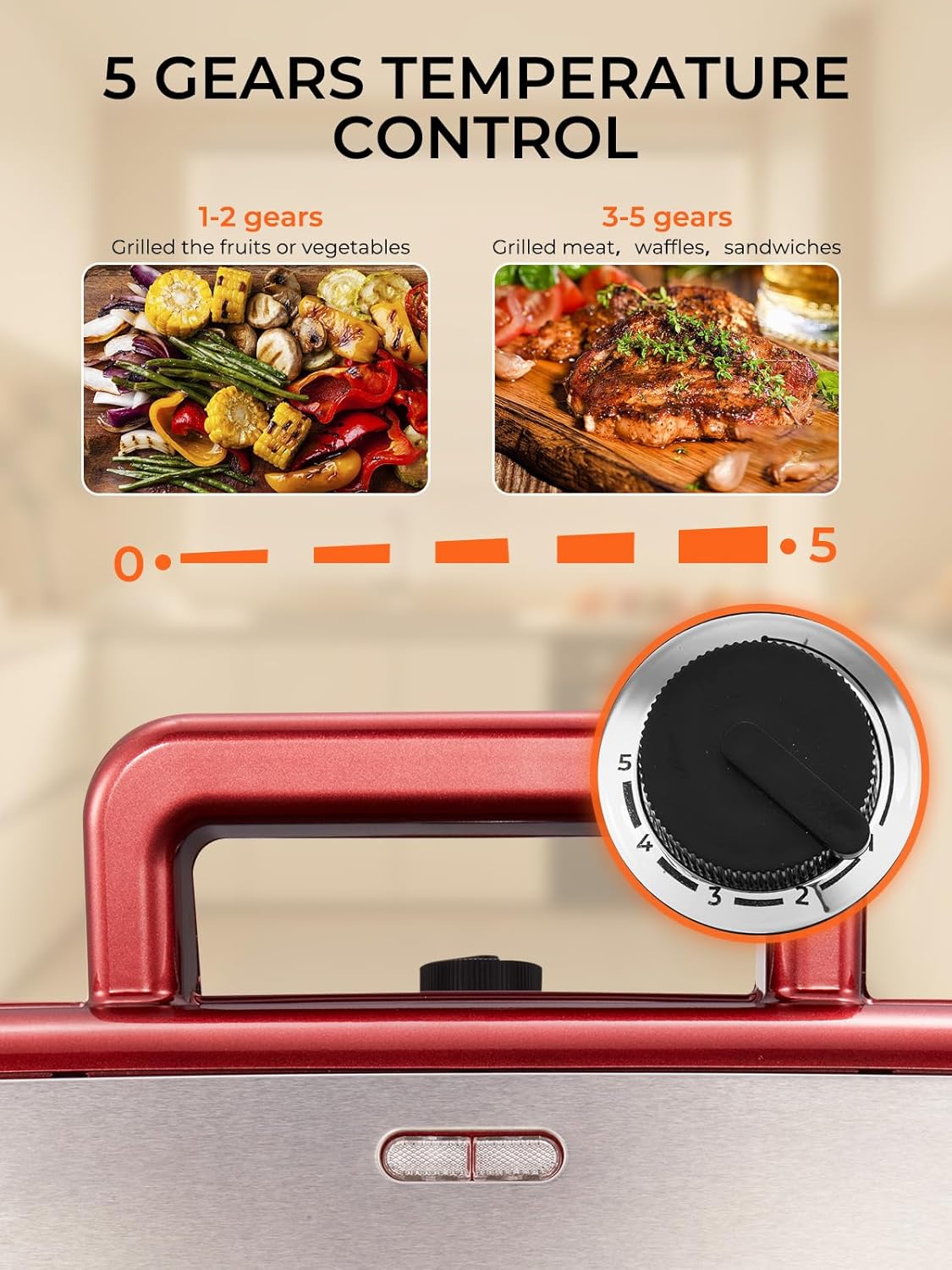 HOUSNAT - Gaufrier 3-en-1 - contrôle température, antiadhésif, rouge