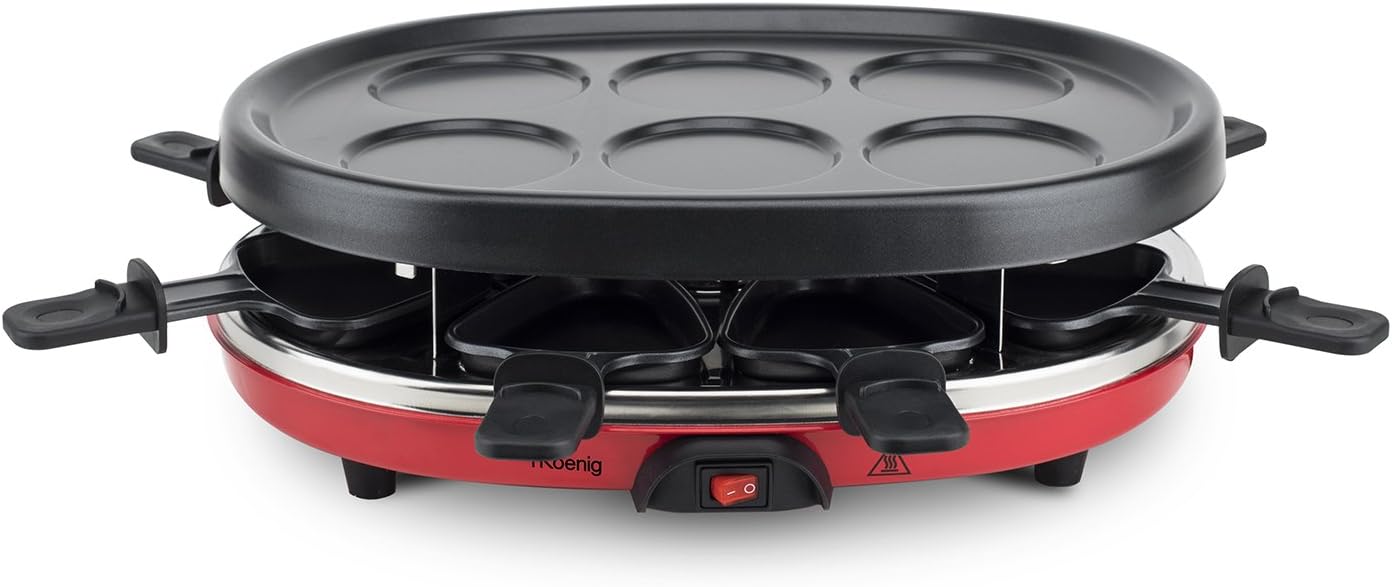 H.Koenig - Raclette multifonction 8p - pierre naturelle, 6 mini crêpes, grill, poêlons antiadhésifs - RP412