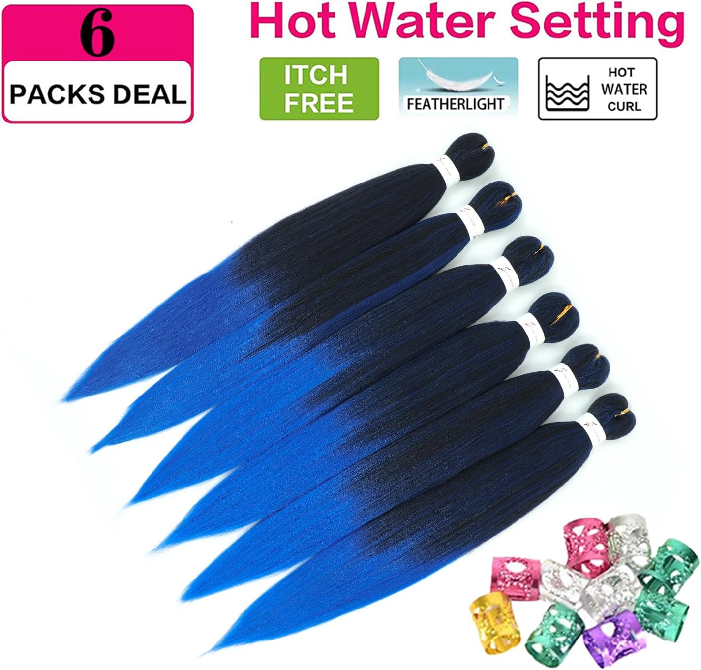 Rajout cheveux - tressés 30 pouces, ombré bleu, kanekalon, synthétique T1B/Blue#