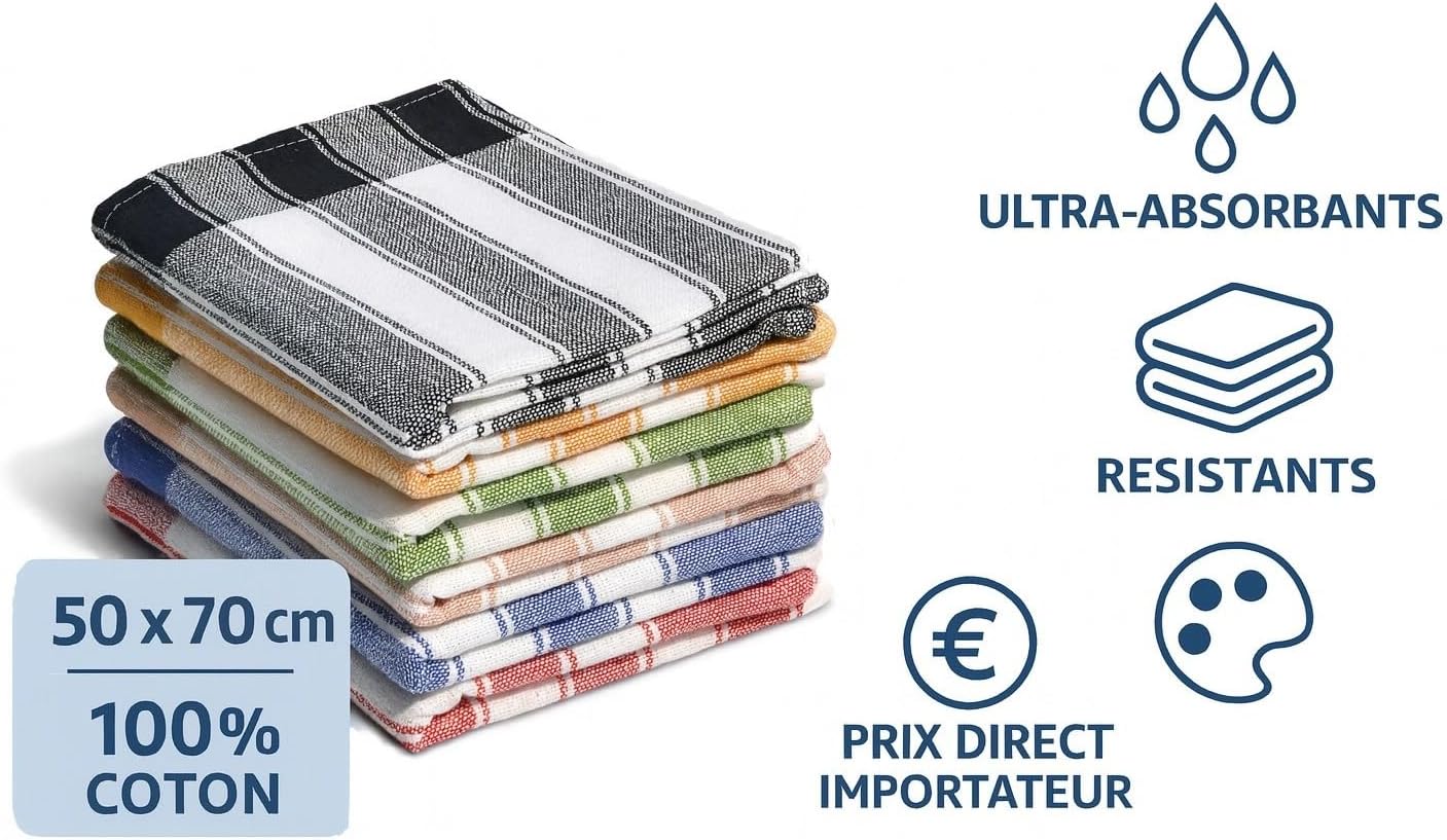 Home Linge Passion - lot de 12 torchons coton 50x70cm multicolores absorbants