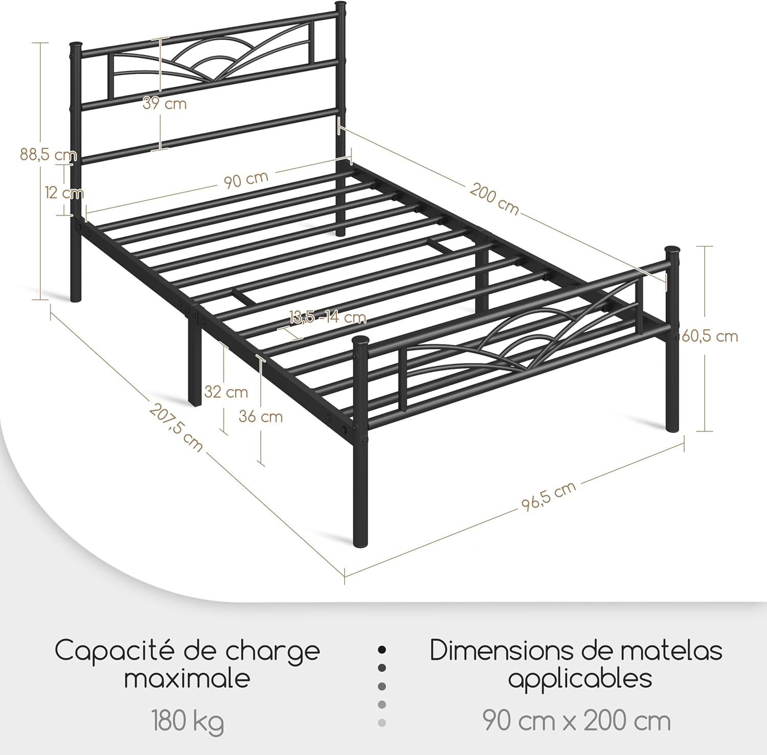 Yaheetech - lit simple métal - 90x200cm - montage facile, compact