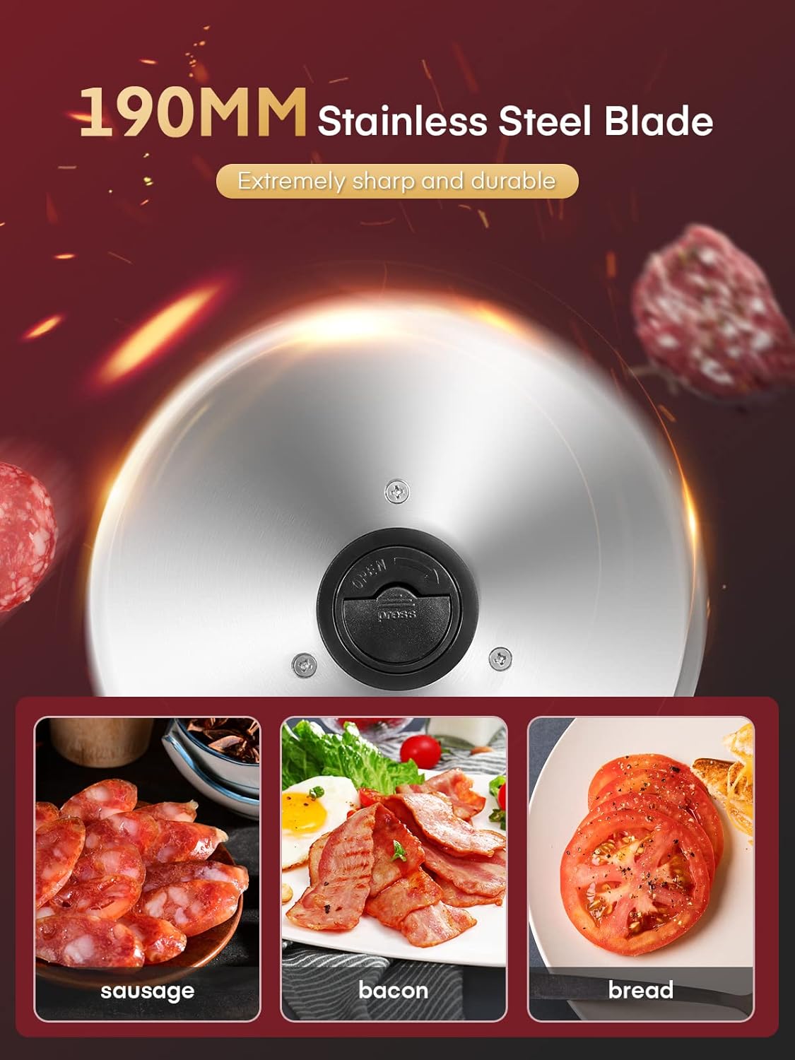 Trancheuse électrique - 200W, 19cm, 0-15mm, 2 lames détachables