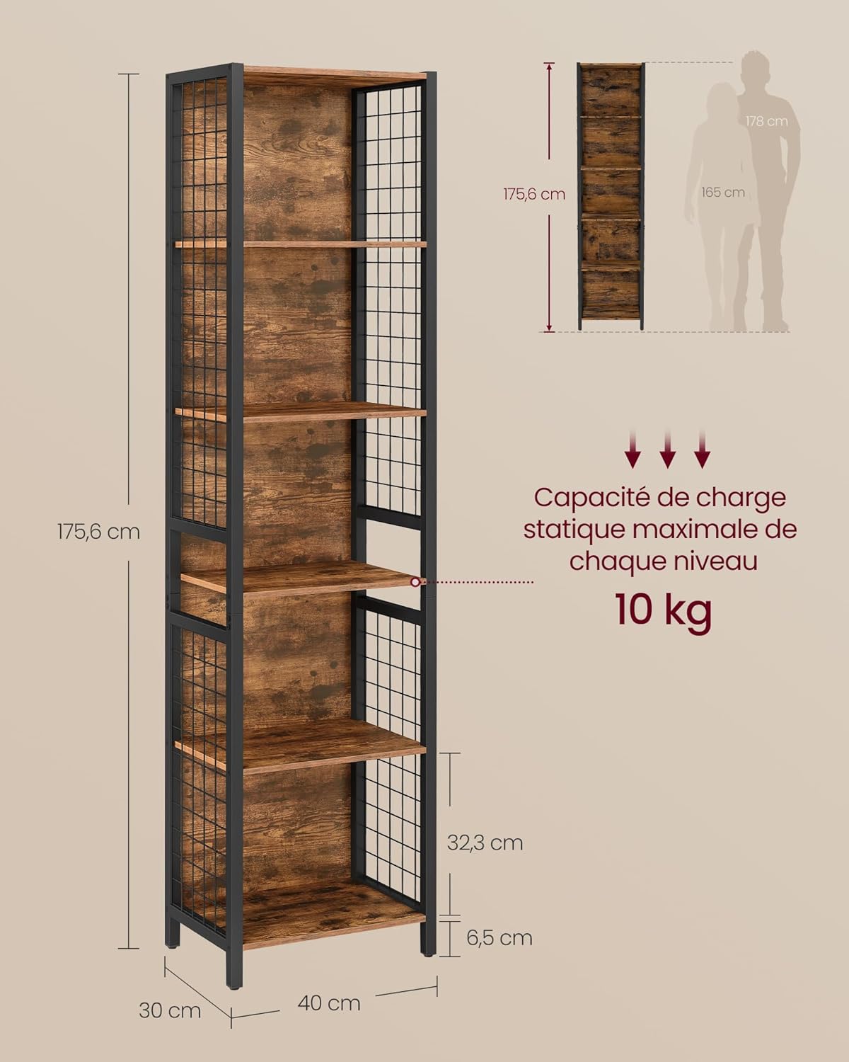 VASAGLE - bibliothèque 6 niveaux - 30x40x175,6cm, acier, marron/noir - LLS170K01