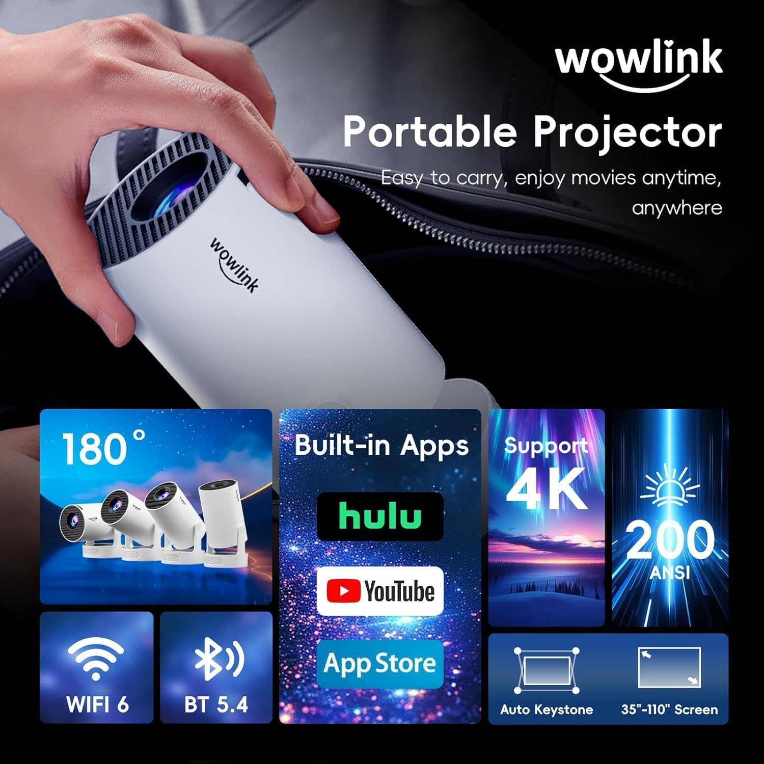 Vidéoprojecteur compact WiFi 6 Bluetooth 5.4 4K 180° AUTO KEYSTONE