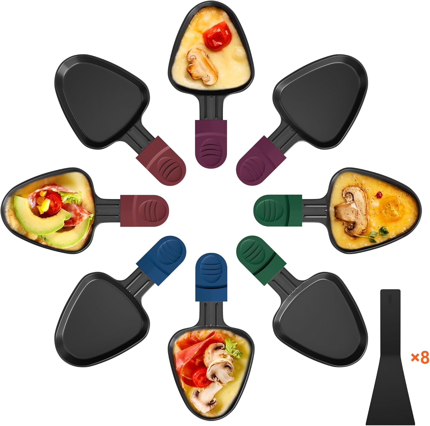 Poêlons à raclette triangulaires - 8 pièces - poignée colorée, antiadhésif, lavable au lave-vaisselle