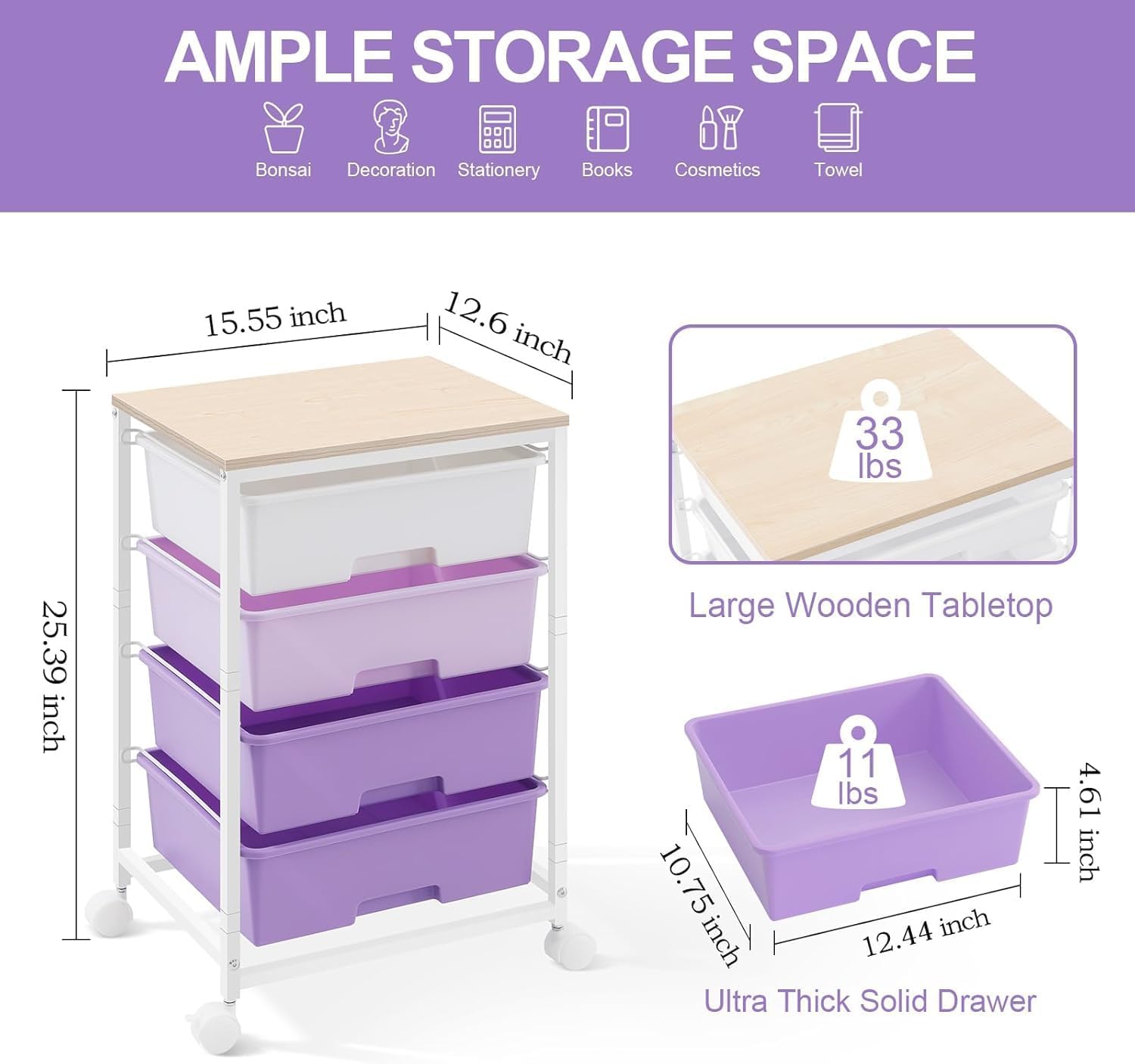 Chariot de rangement à 4 tiroirs, plateau bois, grande capacité, violet, dimensions compactes, roulettes mobiles