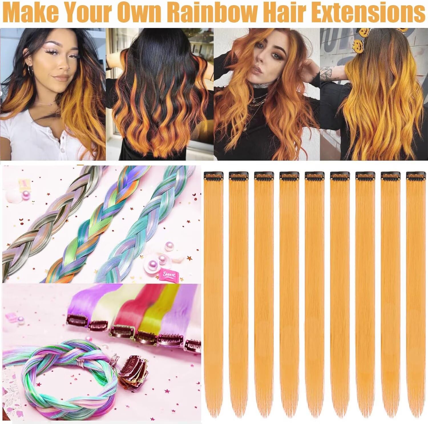 Extension cheveux - Jaune mangue, 55cm, lot 12 pièces, accessoire fille