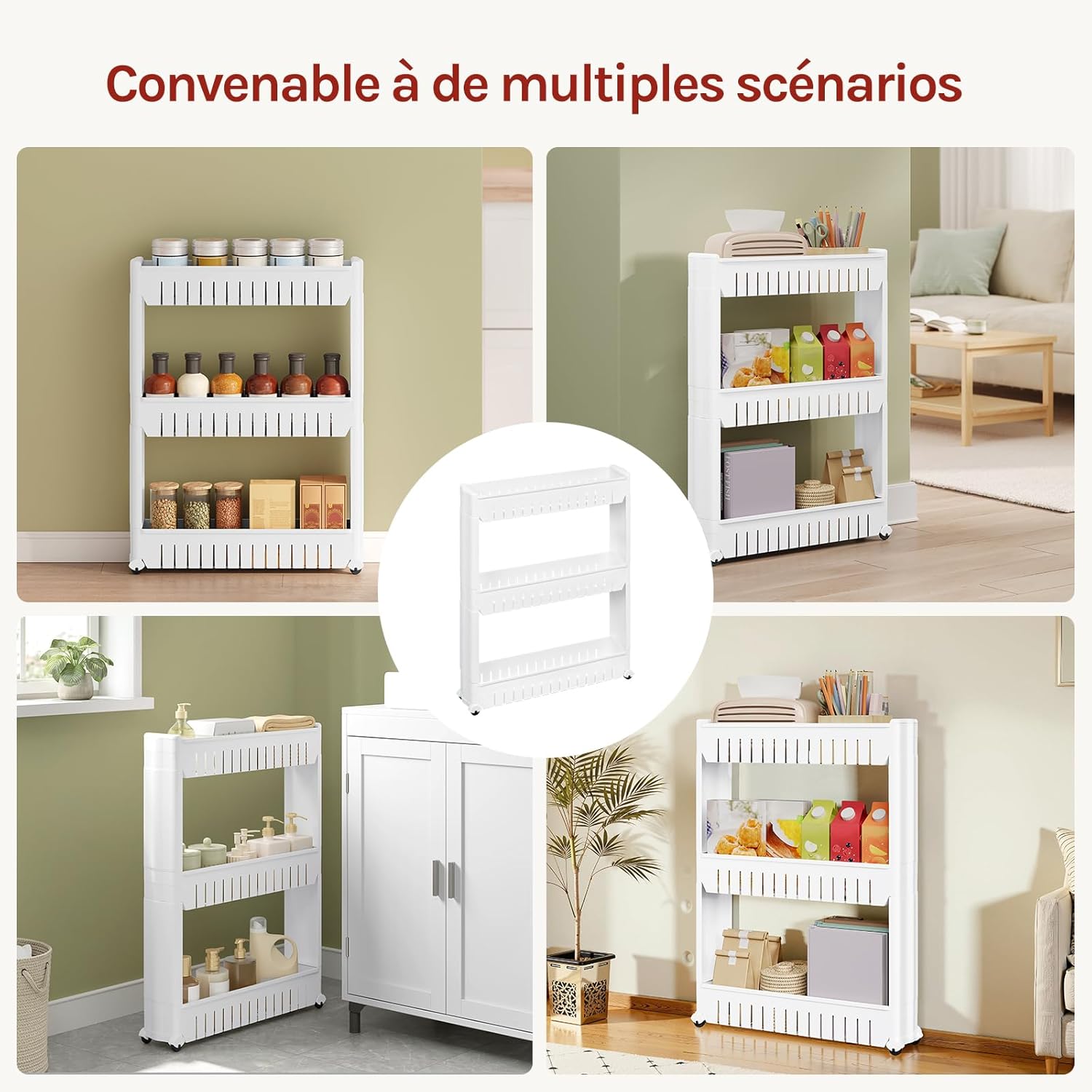 WOLTU - étagère de niche roulante 3 compartiments, blanc, compacte