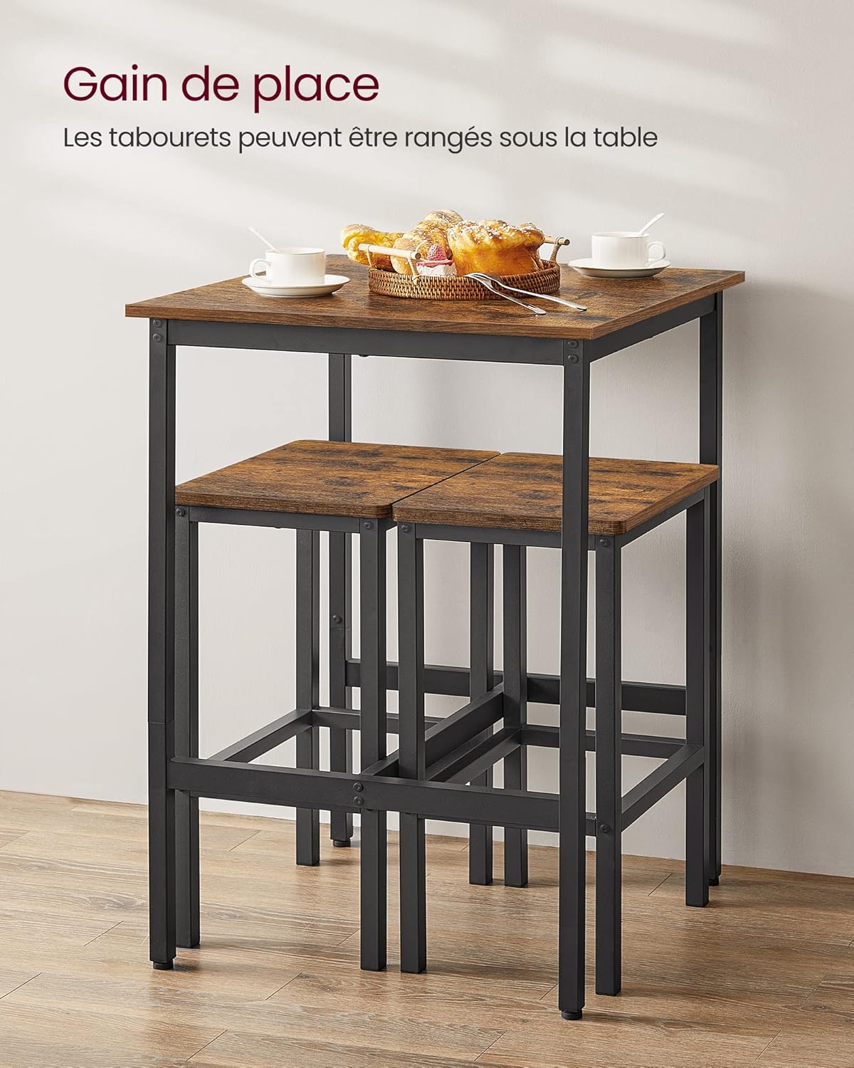 VASAGLE - Ensemble table de bar 2 tabourets, compact, bois métal, LBT017B01