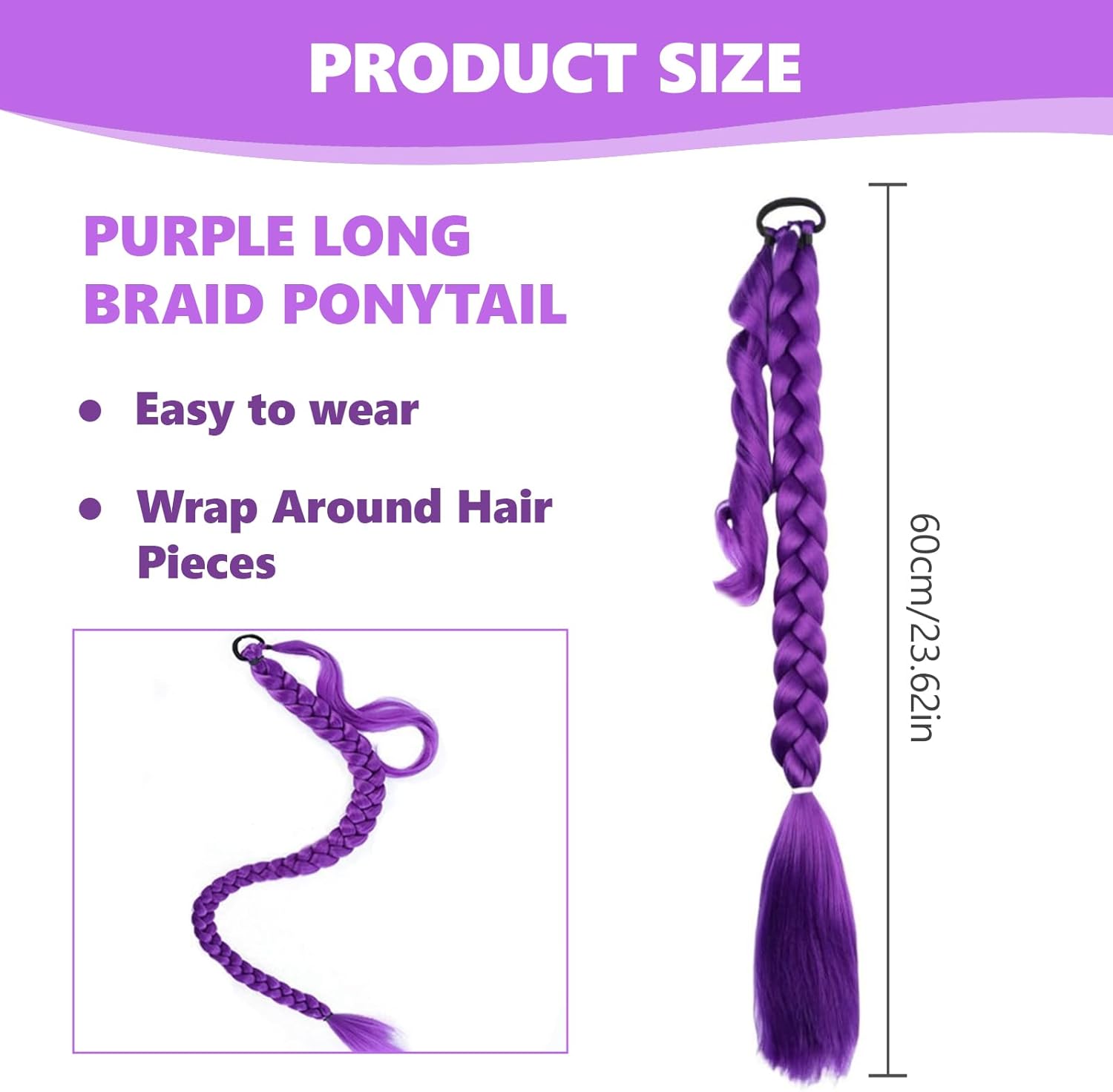 Extension cheveux - mèche violette 24 pouces, pré-étirée, pour tresses, déguisement