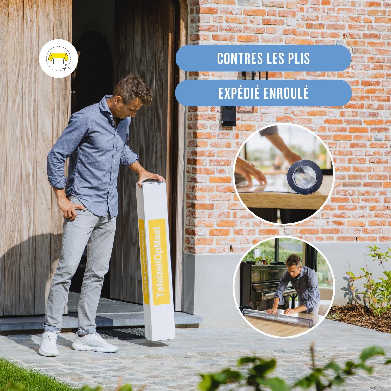 Nappe transparente ronde 85 cm, épaisseur 3mm, bords inclinés, toile lavable