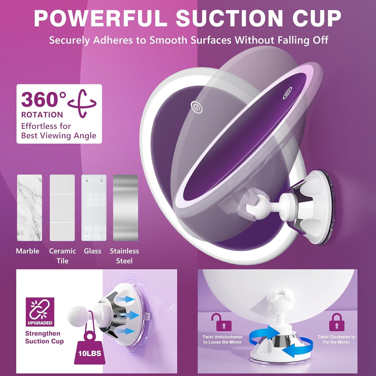 Auxmir - miroir grossissant série LED - 30x - rechargeable, 3 éclairages, ventouse 360°