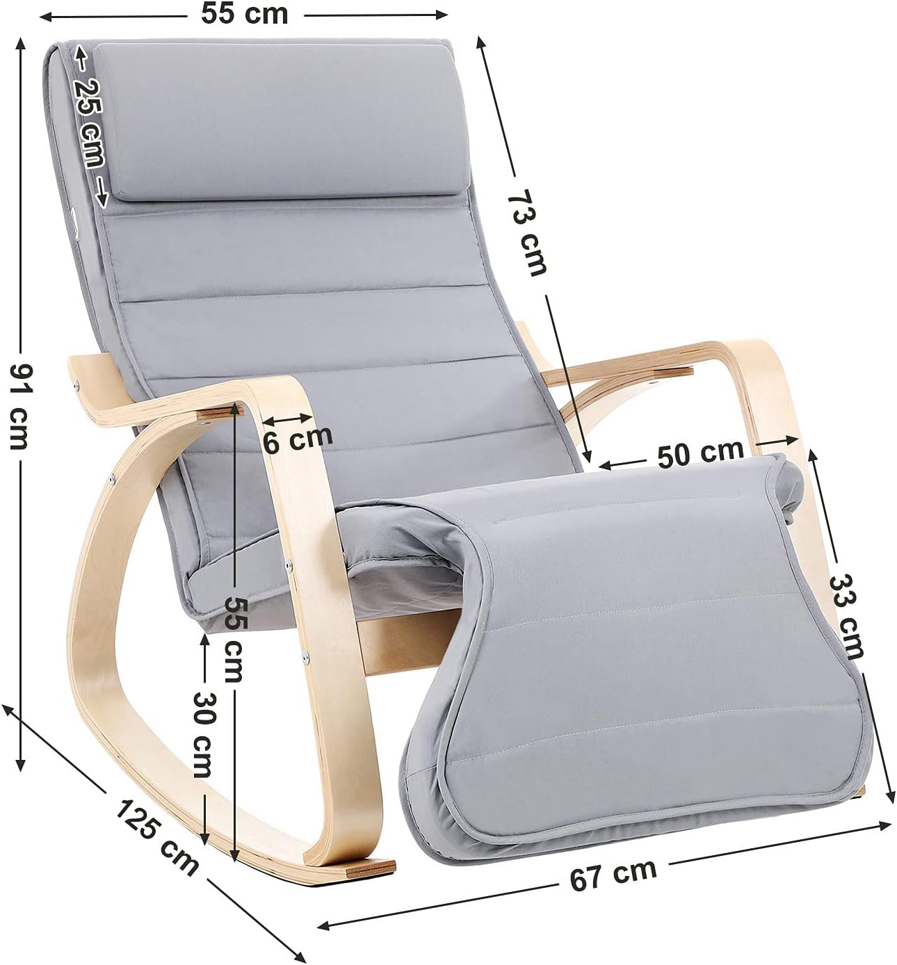 SONGMICS - fauteuil à bascule - 115x67x91 cm - bois, gris, 5 positions, 150kg - LYY42G