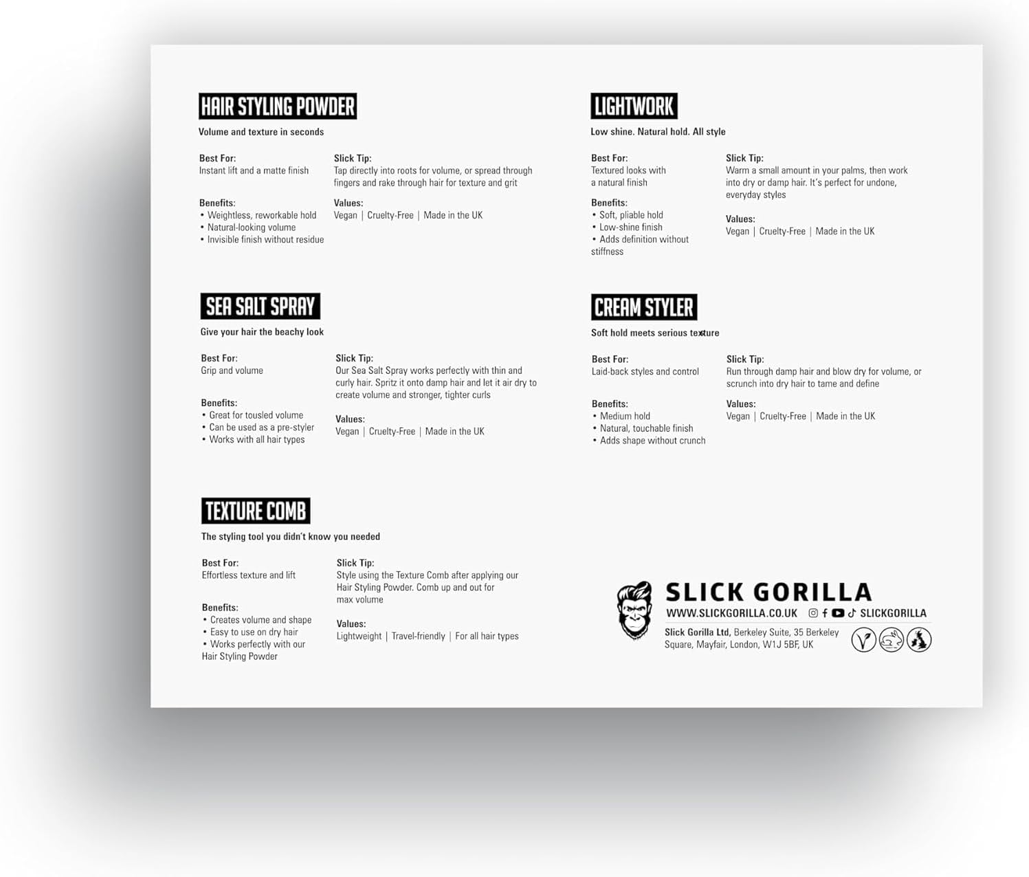 Slick Gorilla - Coffret Styling Complet - Set coiffant cheveux - Poudre, crème, spray, peigne
