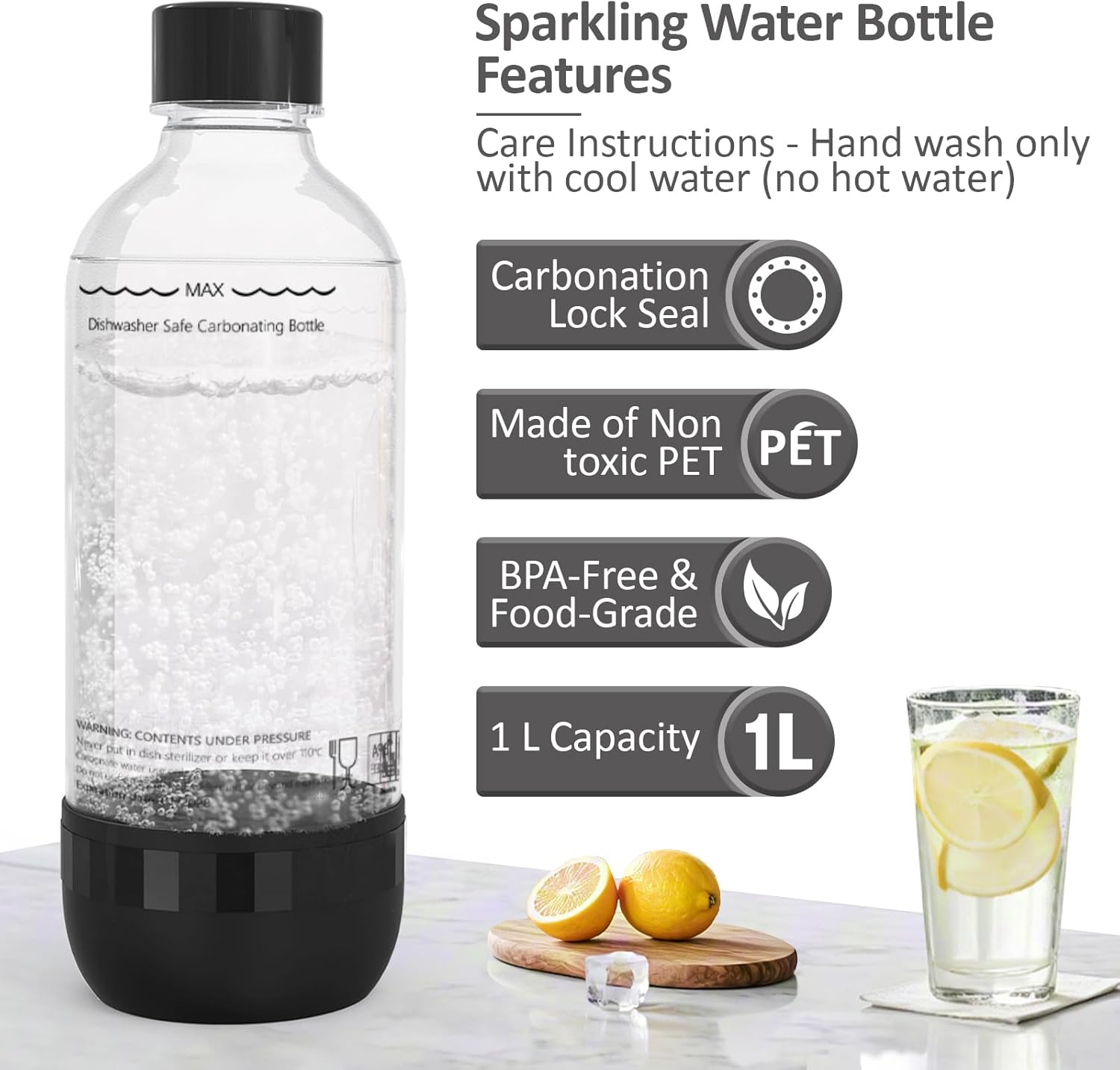 Bouteilles à soda - 1L, lot de 2, PET, réutilisables, sans BPA, noir