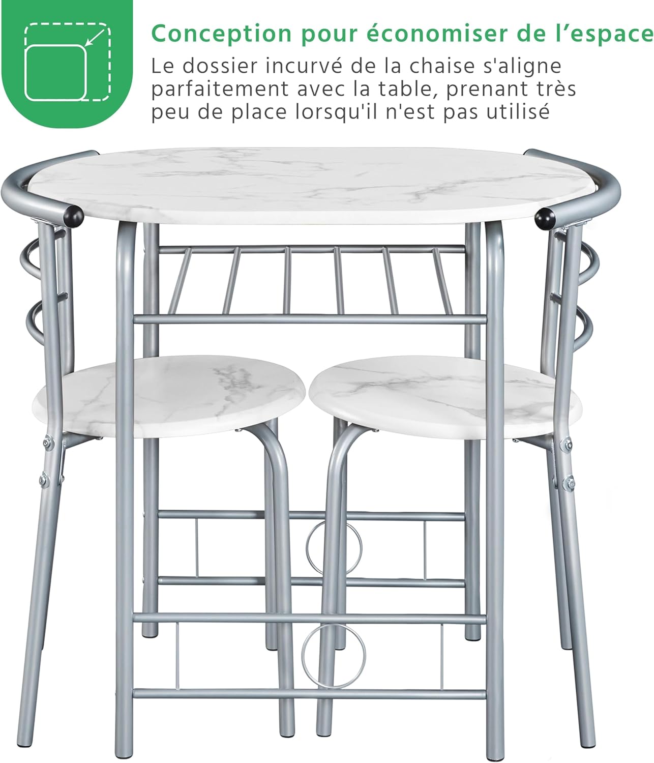 Yaheetech – Ensemble table ronde, 2 chaises, bois MDF, métal, porte-bouteilles, pour petit espace, Studio Blanc