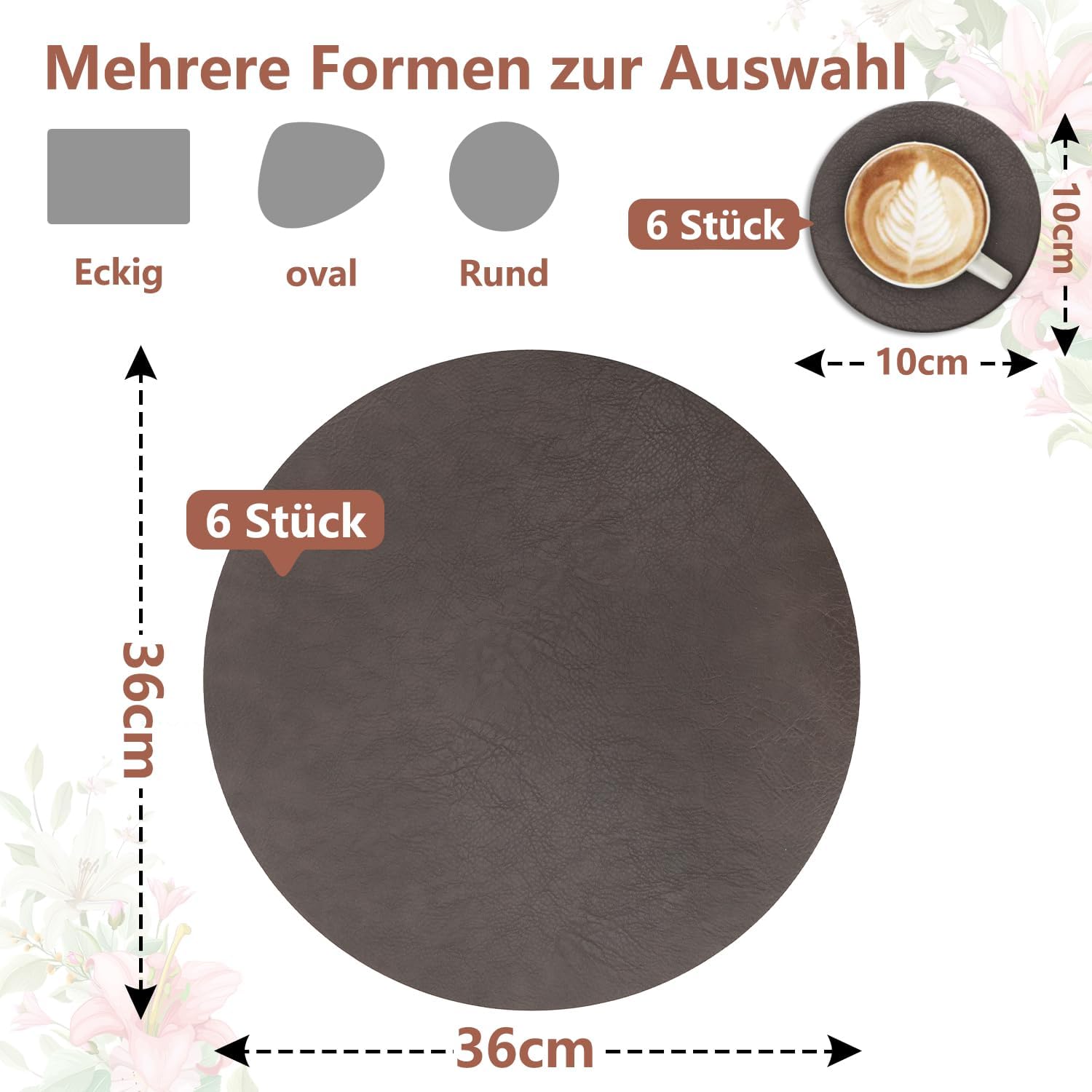 Set de table - lot de 6 ronds 36x36cm - lavables, antidérapants, PU double face