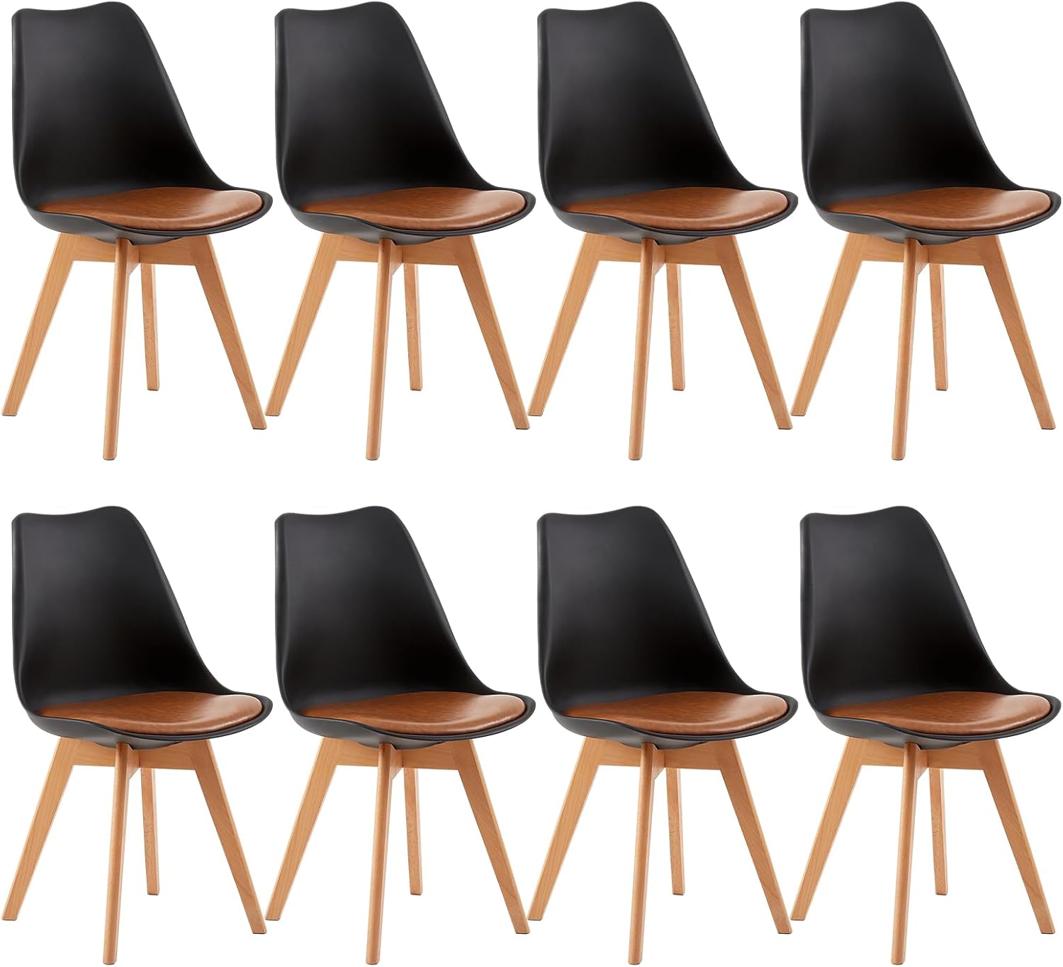 EGGREE - chaises scandinaves lot de 8 - bois hêtre - cuir PU rembourré noir/marron