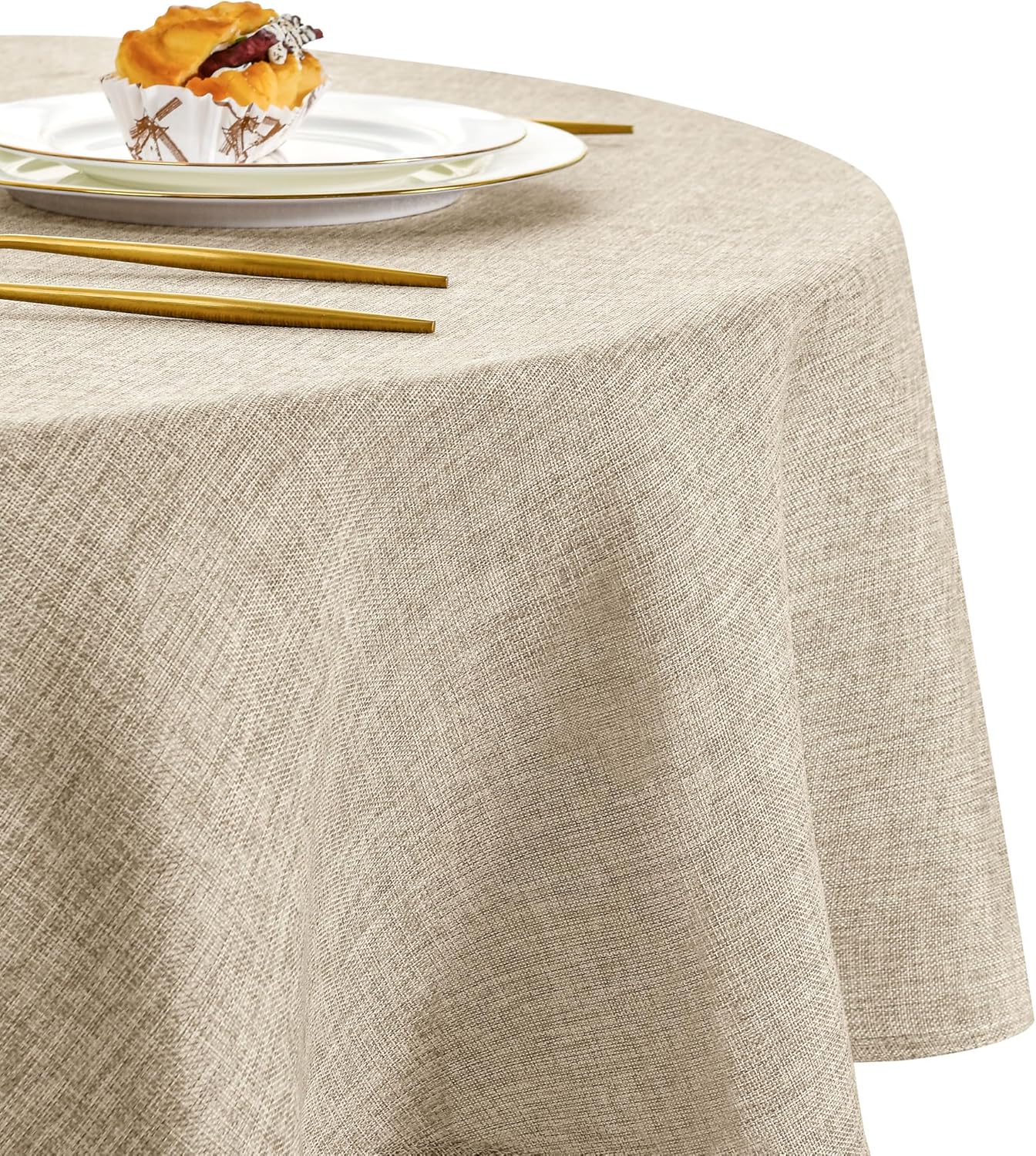Nappe ronde - lin beige 160 cm - imperméable, lavable, salle à manger