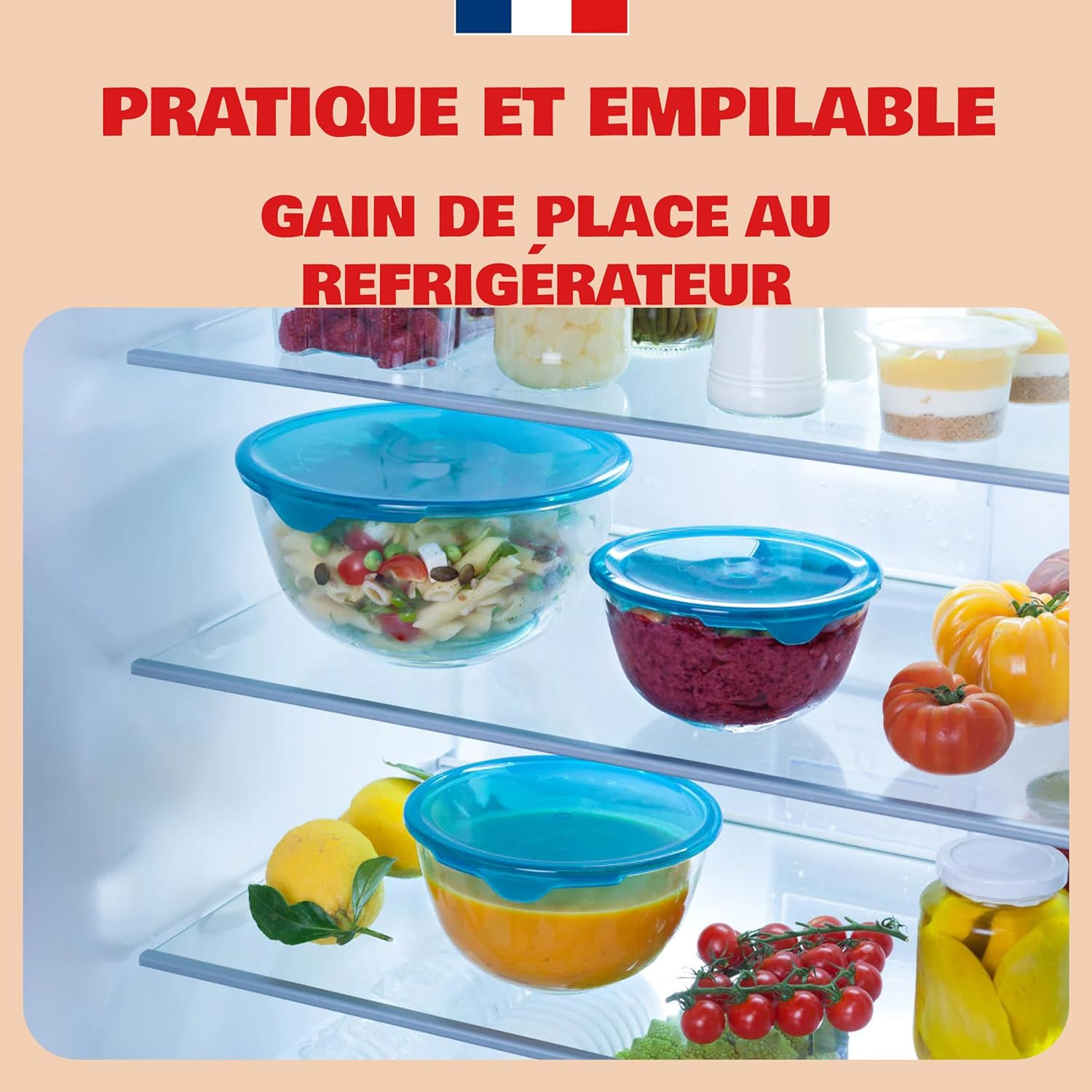 Pyrex - saladier gigognable 1.1L - verre borosilicate, couvercle